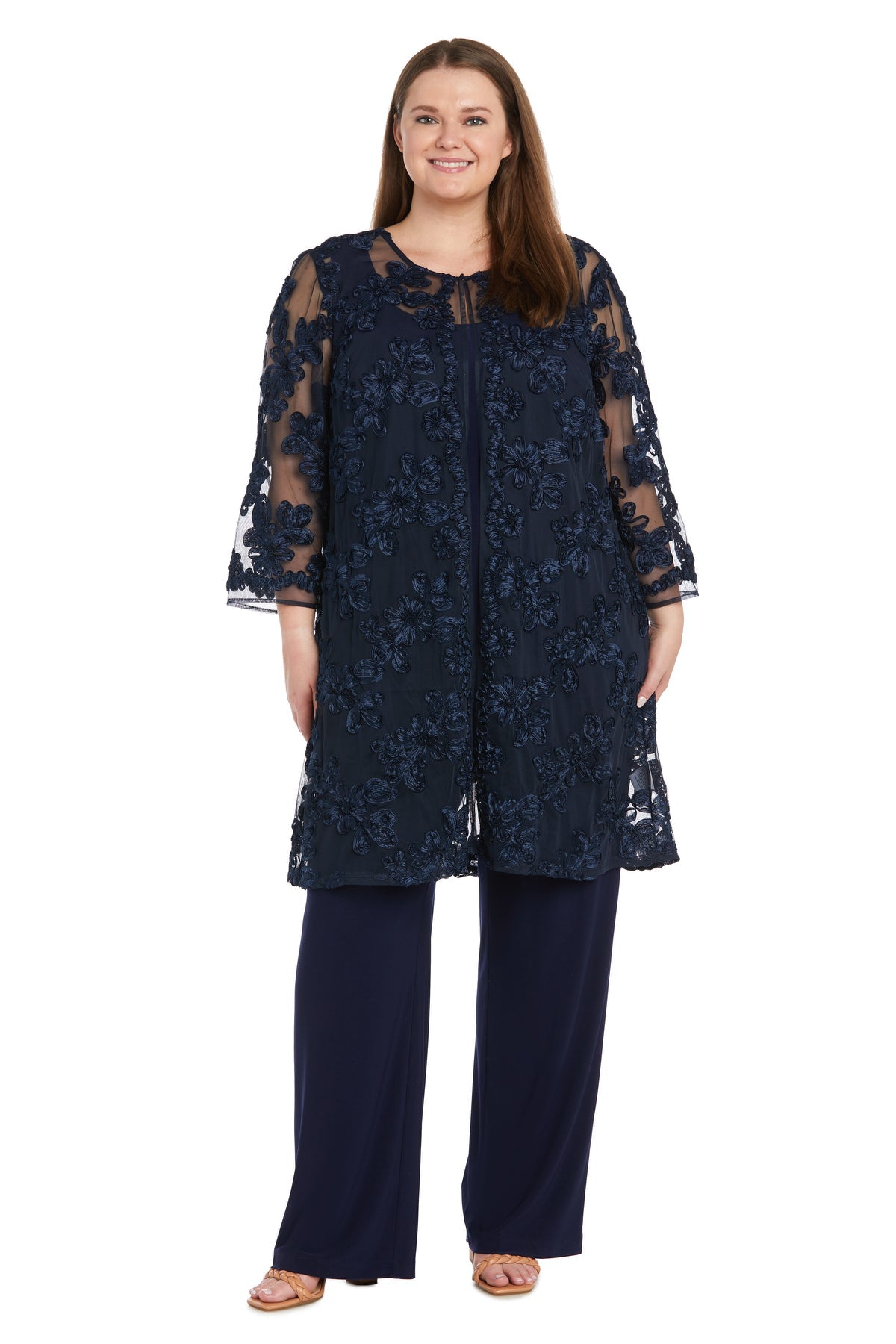 R M Richards 3146W Long Plus Size Formal Floral Pantsuit Navy 14W