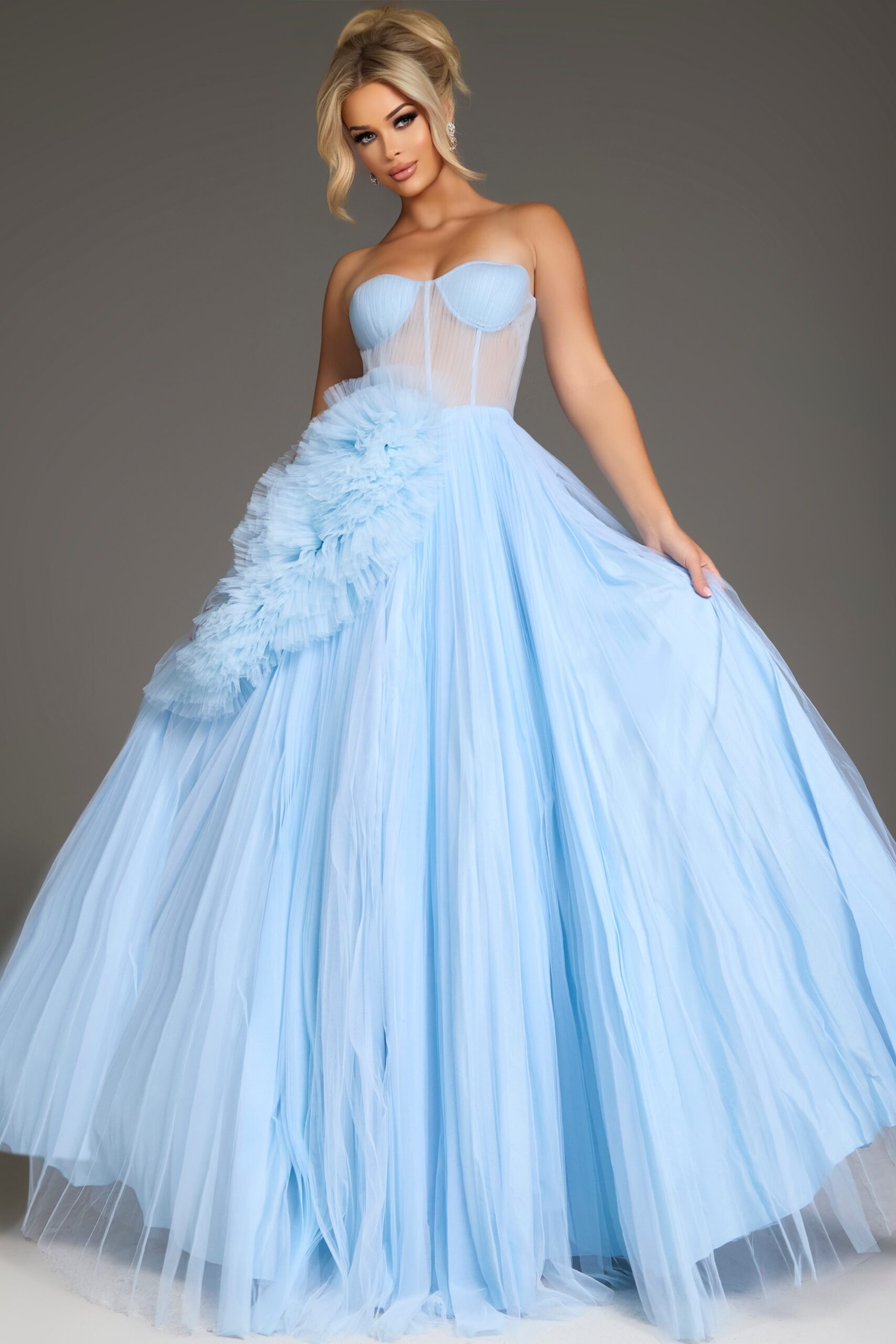 Pale Blue Jovani 38946 Long Ball Gown Floral Corset Prom Dress for 680.0 The Dress Outlet