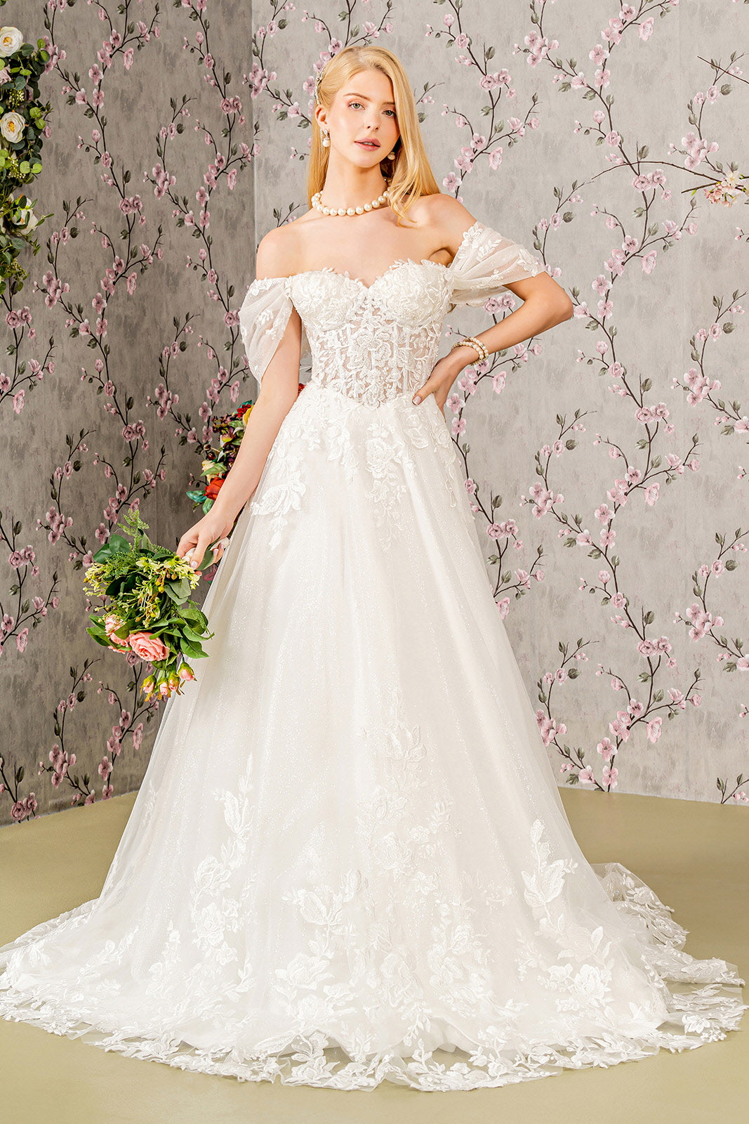 Ivory Long Bridal Gown Floral Wedding Dress for $1107.0 – The Dress Outlet