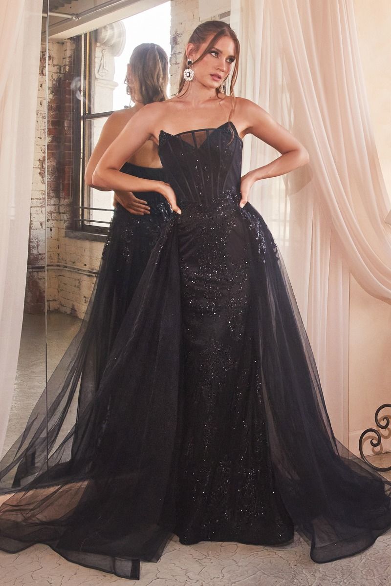 Black Cinderella Divine J858 Long Formal Glitter Overskirt Gown