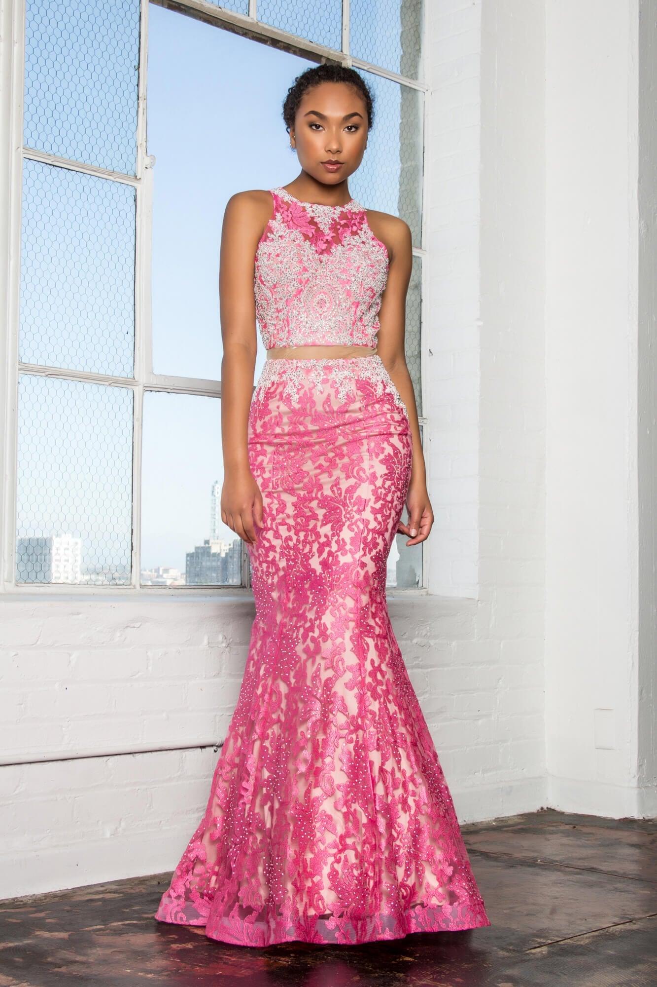 Buy Princess Halter Backless Pink Lace Prom Dresses Two Piece