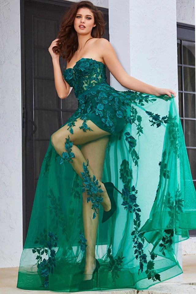 Sexy Emerald Green Lace Prom Dresses Long Sleeves with Detachable