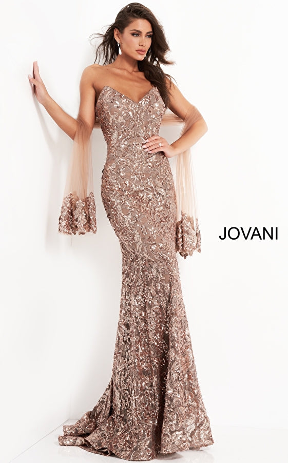 Copper Jovani 05054 Mother of the Bride Strapless Sequin Shawl Dress for 770.0 The Dress Outlet