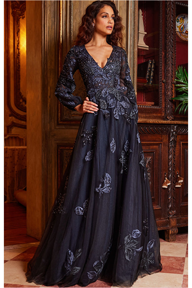 Navy Jovani 09943 Mother of the Bride Embroidered A Line Dress for $845.95  – The Dress Outlet