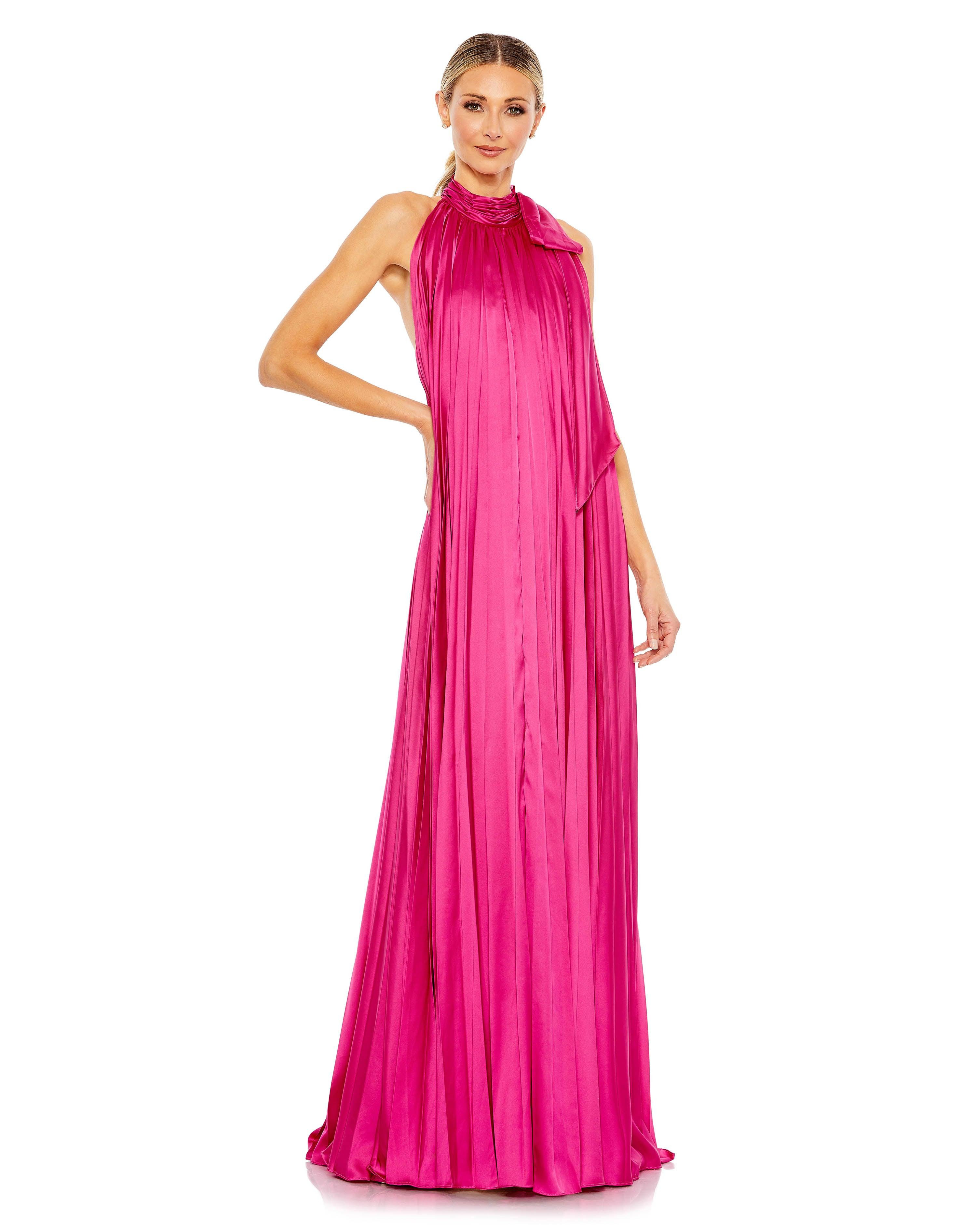 Pink Mac Duggal 26926 Long Halter Pleated Trapeze Formal Dress for $249.0 –  The Dress Outlet