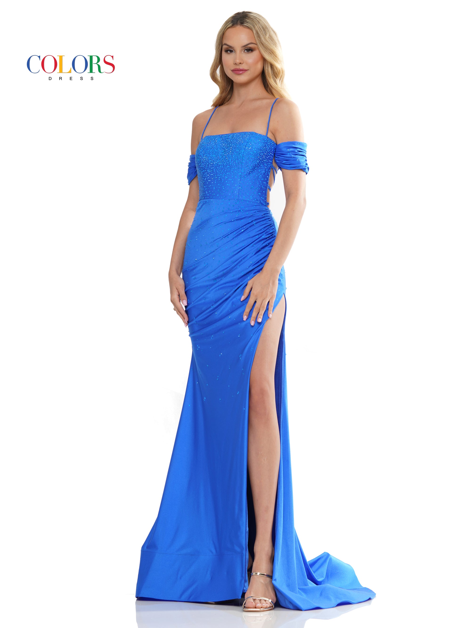 Royal Colors 3158 Long Off Shoulder Formal Fitted Satin Prom Dress for