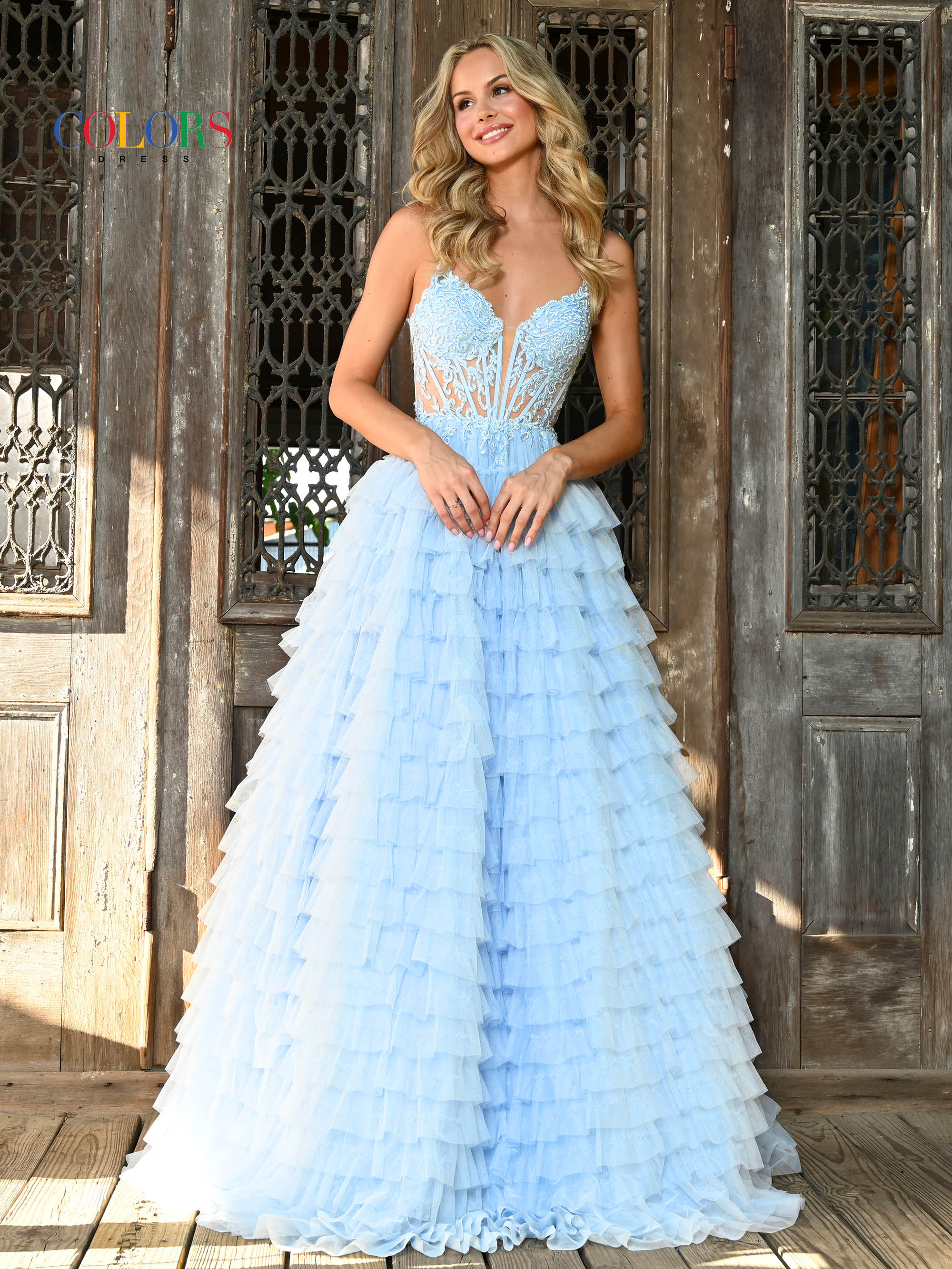 Light Blue Colors 3219 Prom Long Spaghetti Strap Beaded mesh ball Gown for 549.99 The Dress Outlet