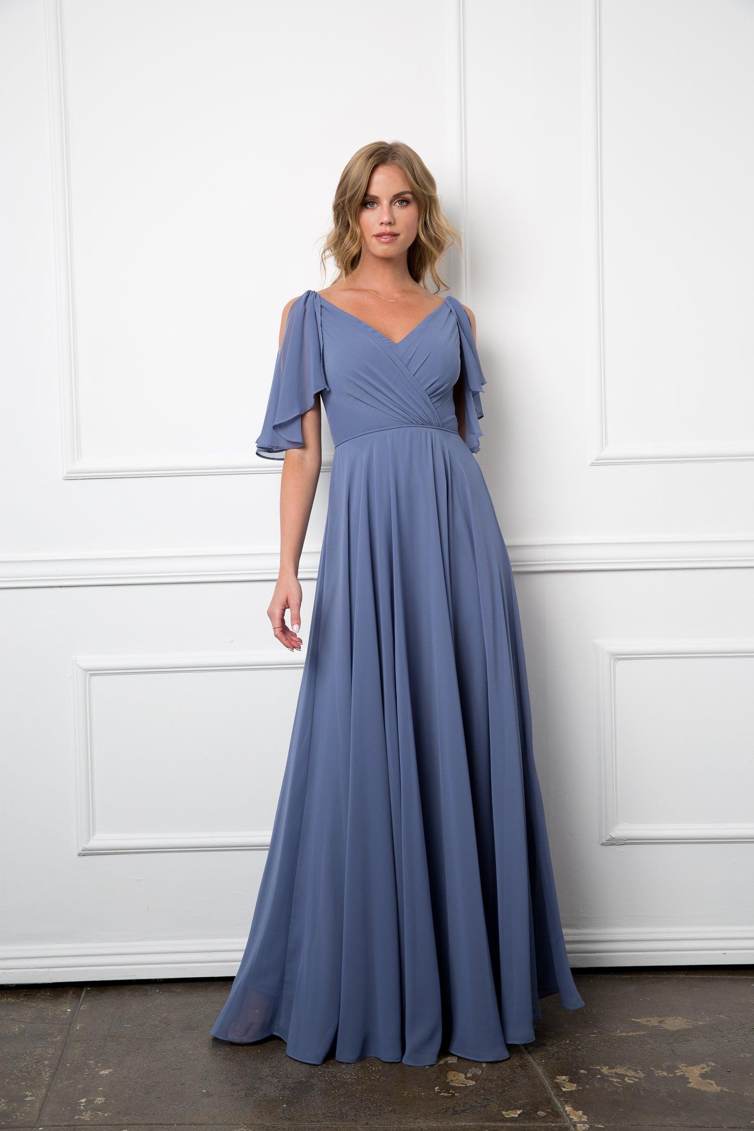 Slate Blue Long Formal Flutter Sleeves Bridesmaids Dress for $122.99 – The  Dress Outlet