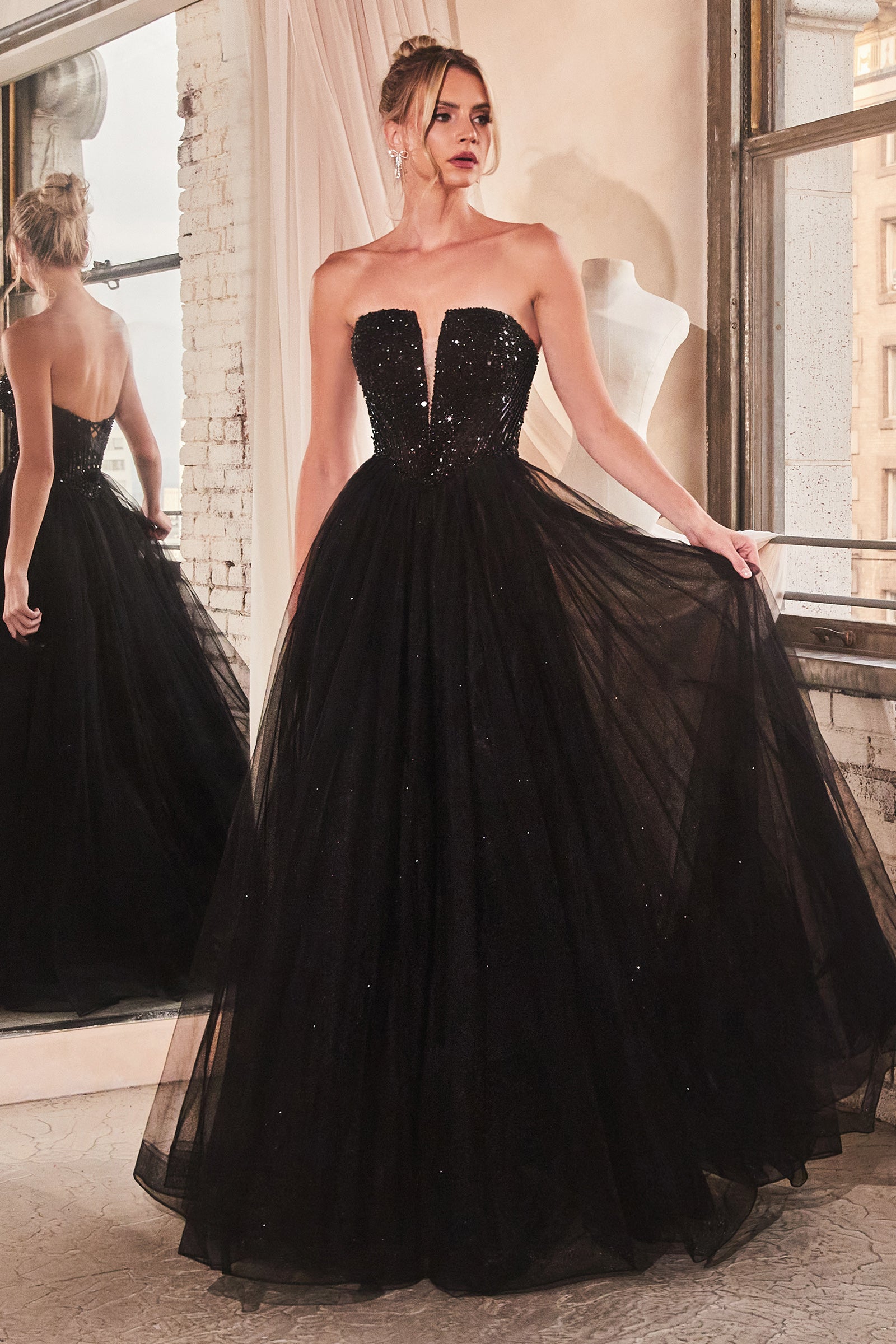 Black Cinderella Divine CD0217 Long Strapless A Line Sequin Glitter Tulle  Sk for $199.0 – The Dress Outlet