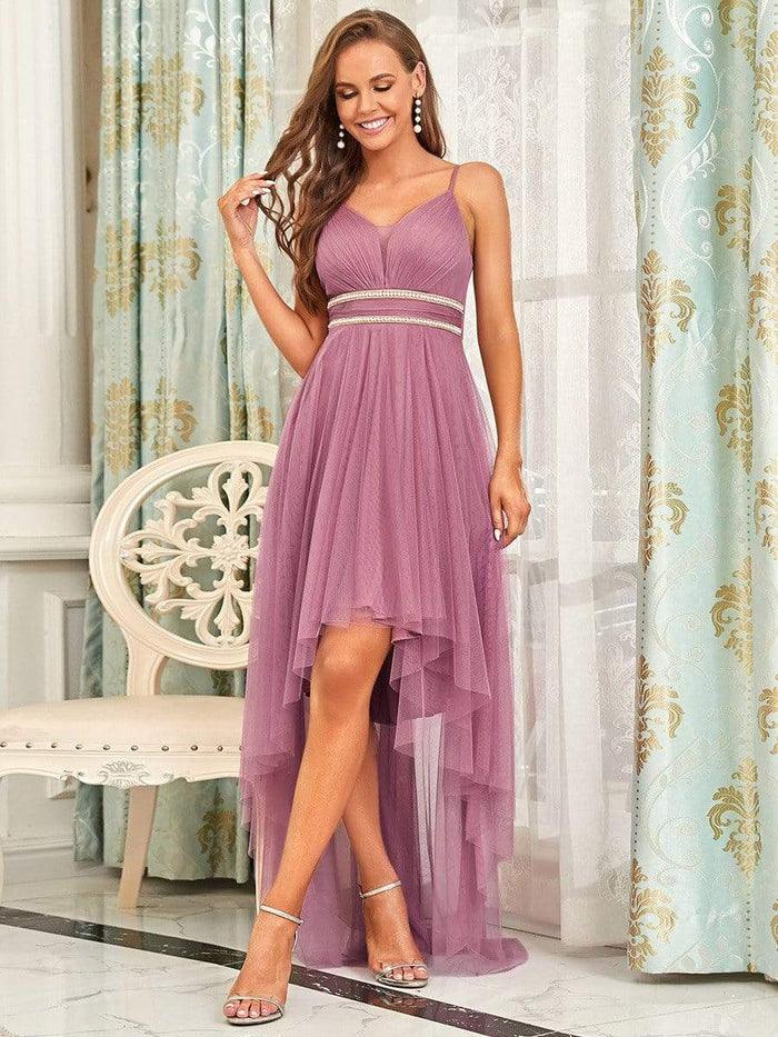 Purple high low bridesmaid dresses best sale