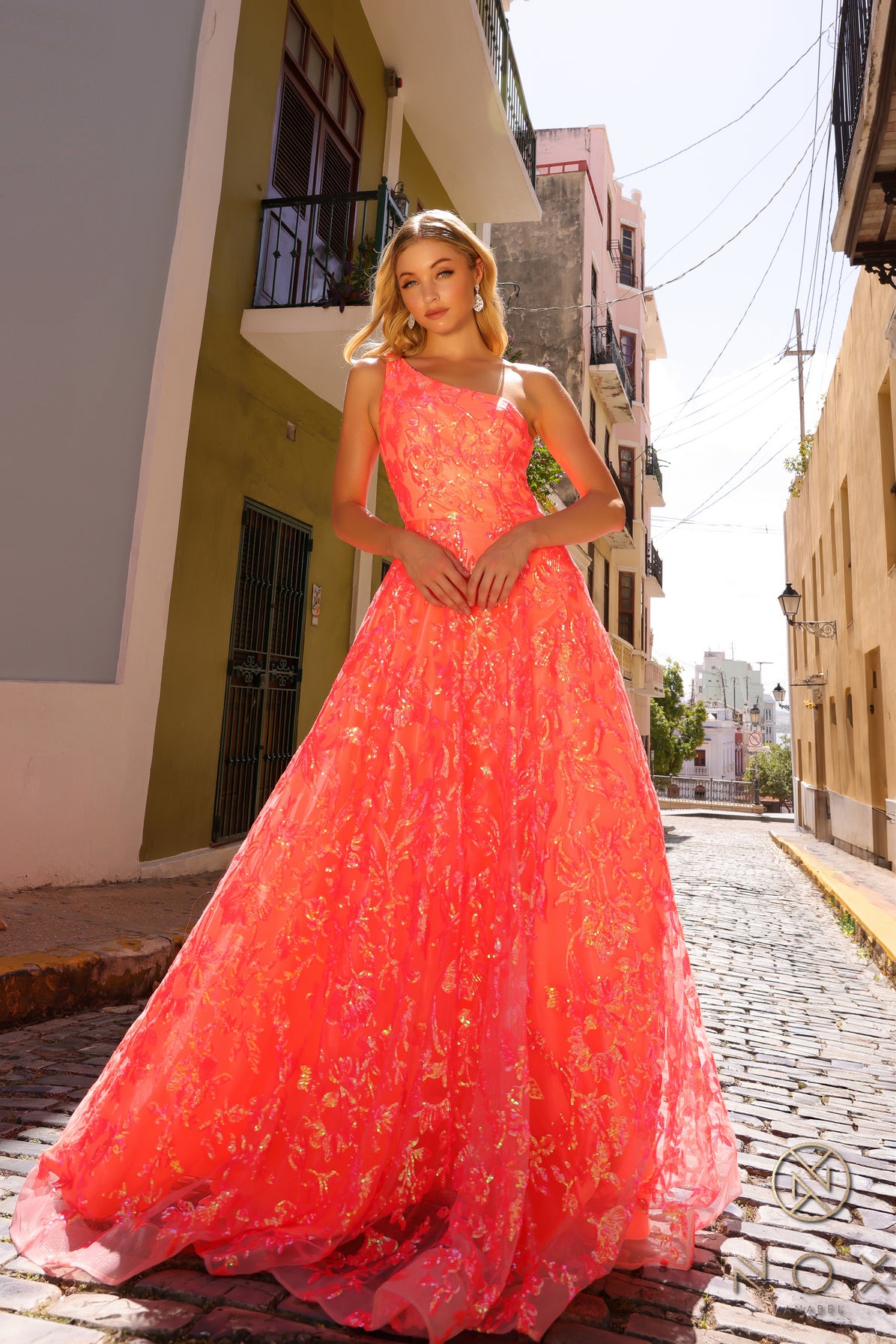 Neon Peach Nox Anabel R1305 A Line Long Sequins Prom Gown for $325.0 – The  Dress Outlet