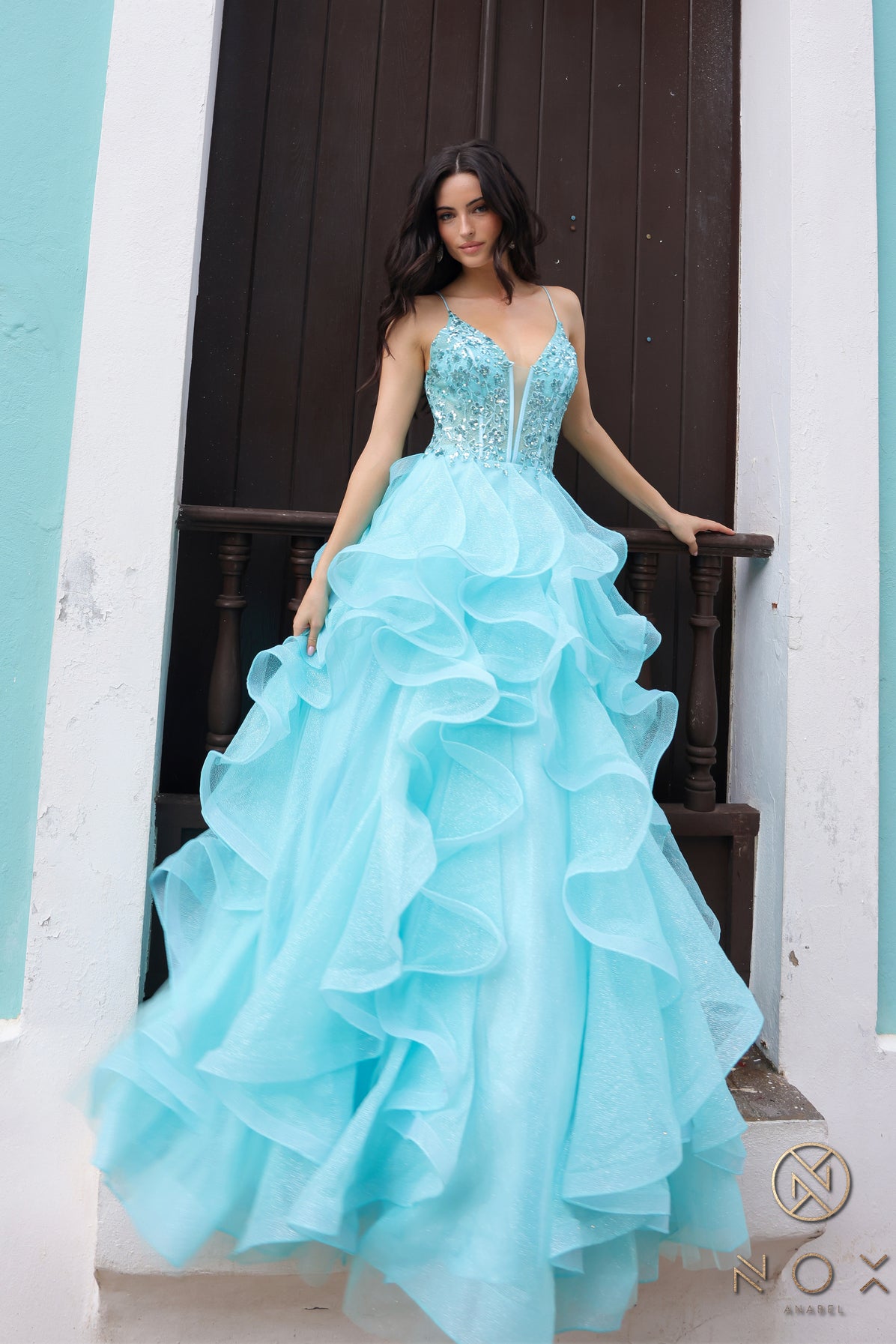 Aqua Beaded Prom Dresses