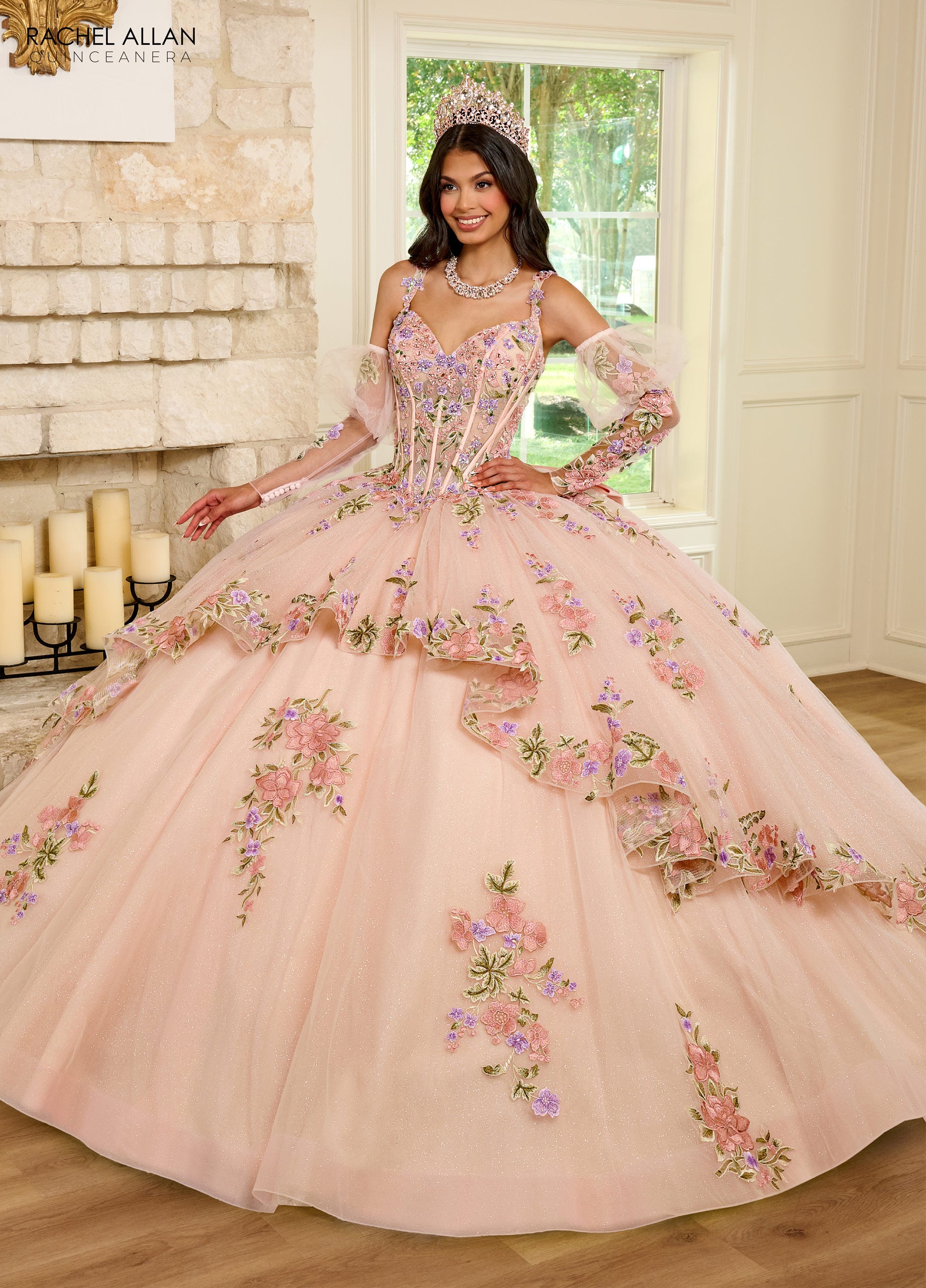 Blush Multi Rachel Allan RQ2182 Quinceanera Detachable Sleeve Long