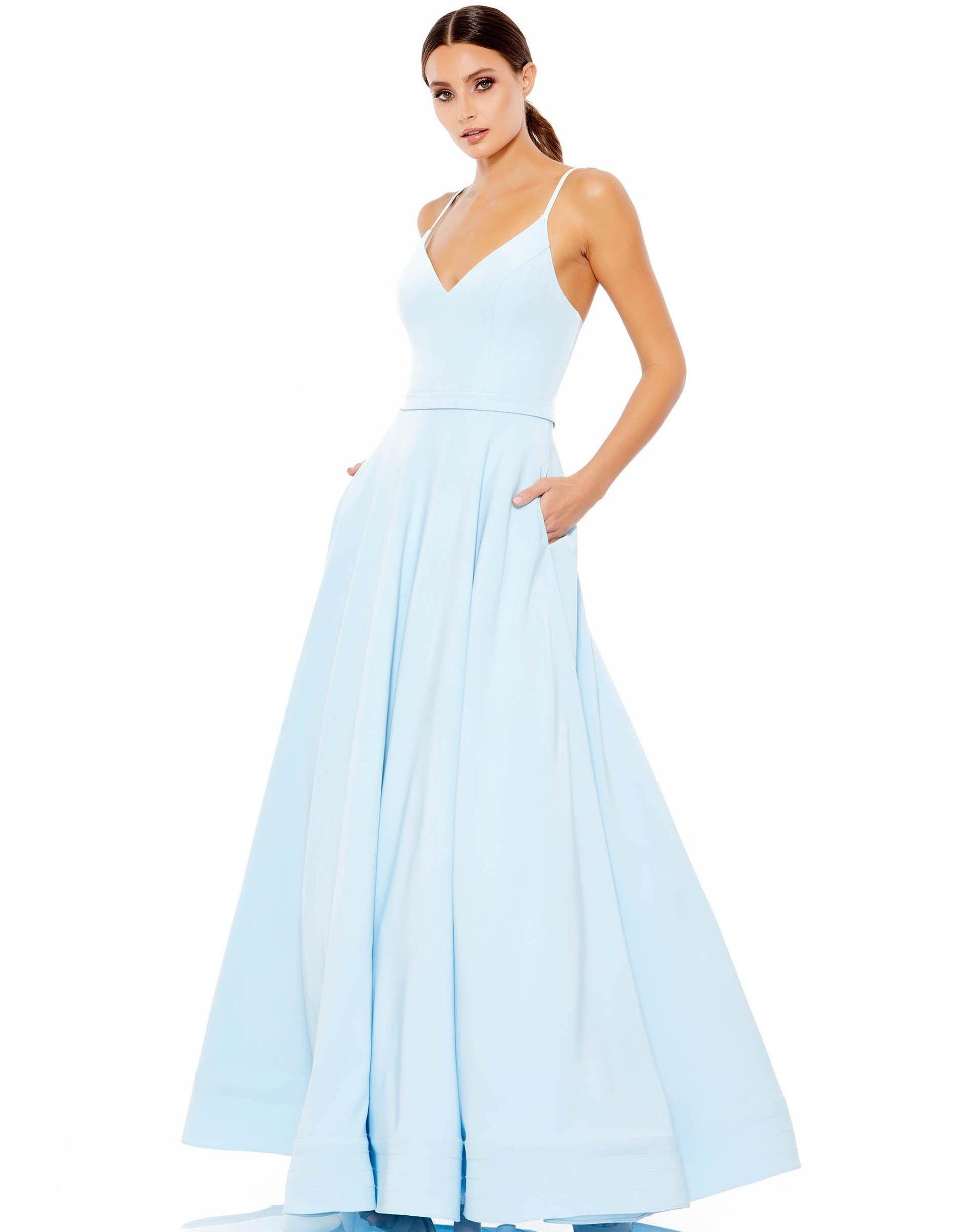 Powder Blue Mac Duggal 48855 Prom Long Spaghetti Strap Ball Gown for $398.0  – The Dress Outlet