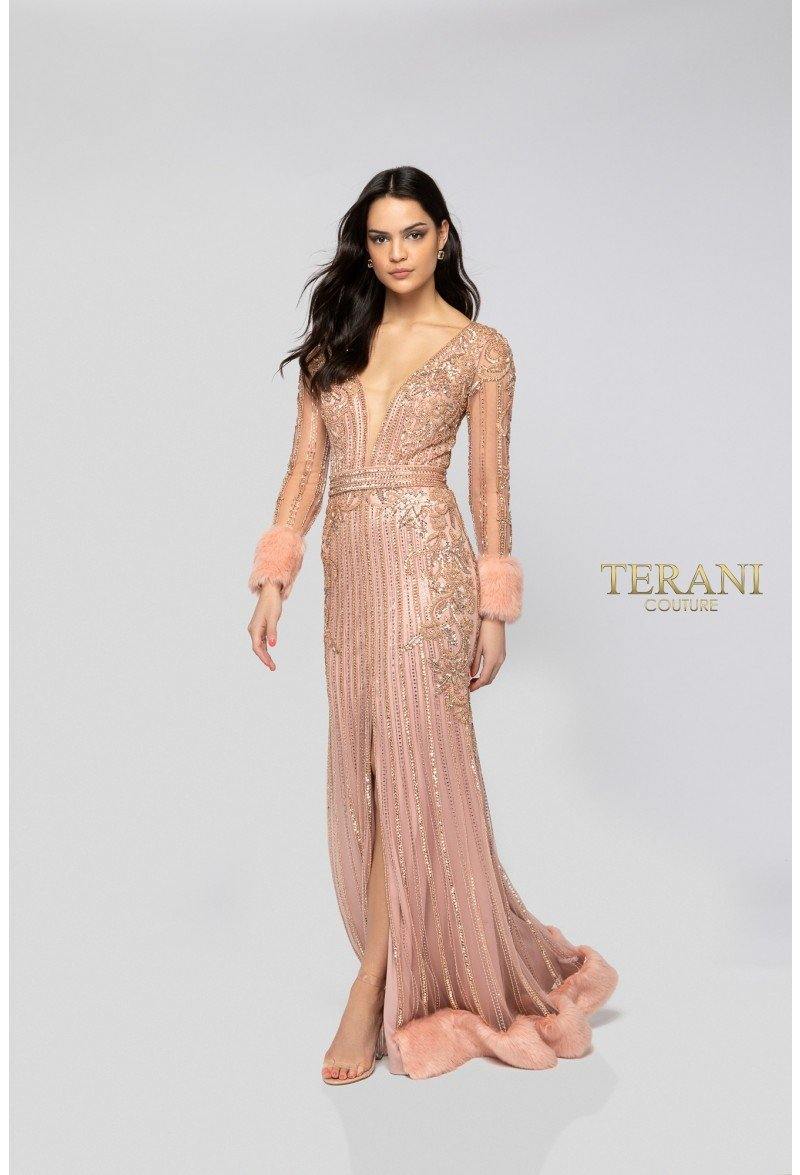 Terani Couture Lace V-Neck Long Sleeve Gown