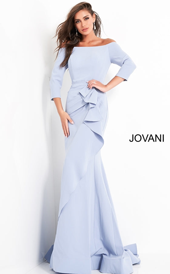 JVN By Jovani Off Shoulder Ruched Long Gown JVN02035 - The Dress Outlet Jovani Light Blue