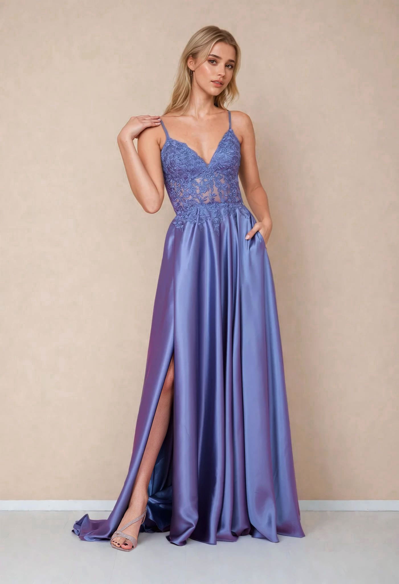 Long Chiffon Lace Illusion Formal Prom Dress Periwinkle