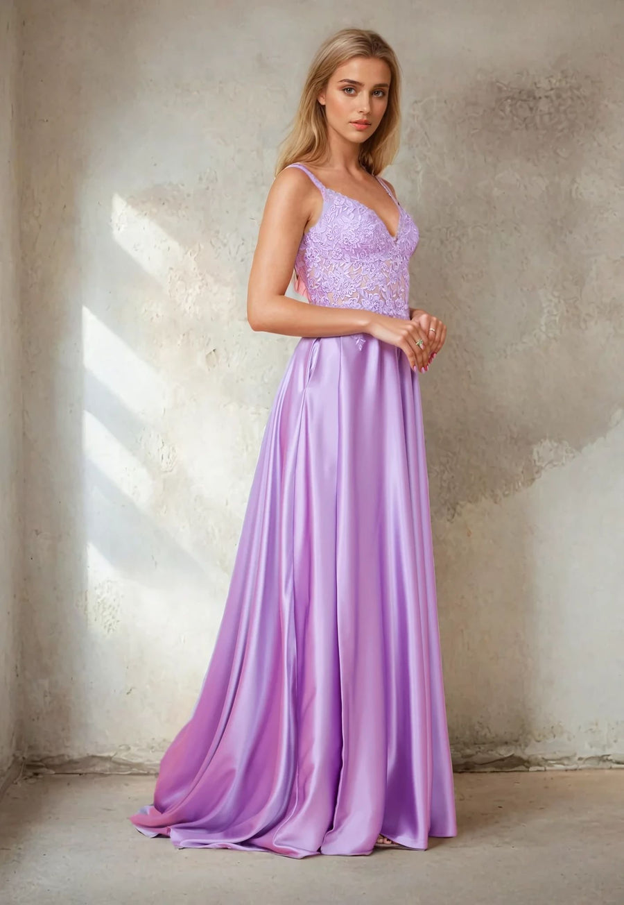 Long Chiffon Lace Illusion Formal Prom Dress Lilac