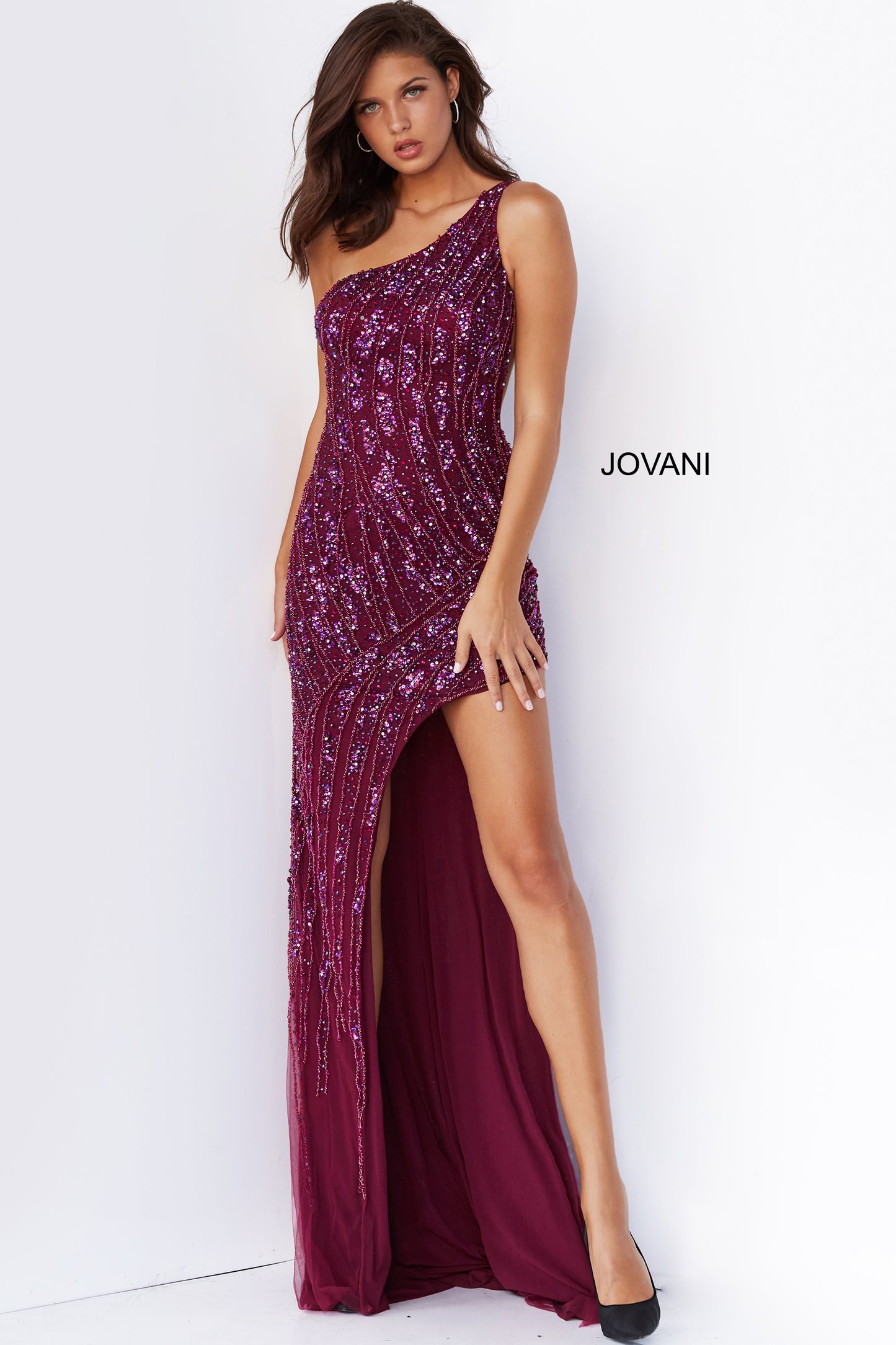 Jovani 06346 One Shoulder Beaded Long Prom Dress