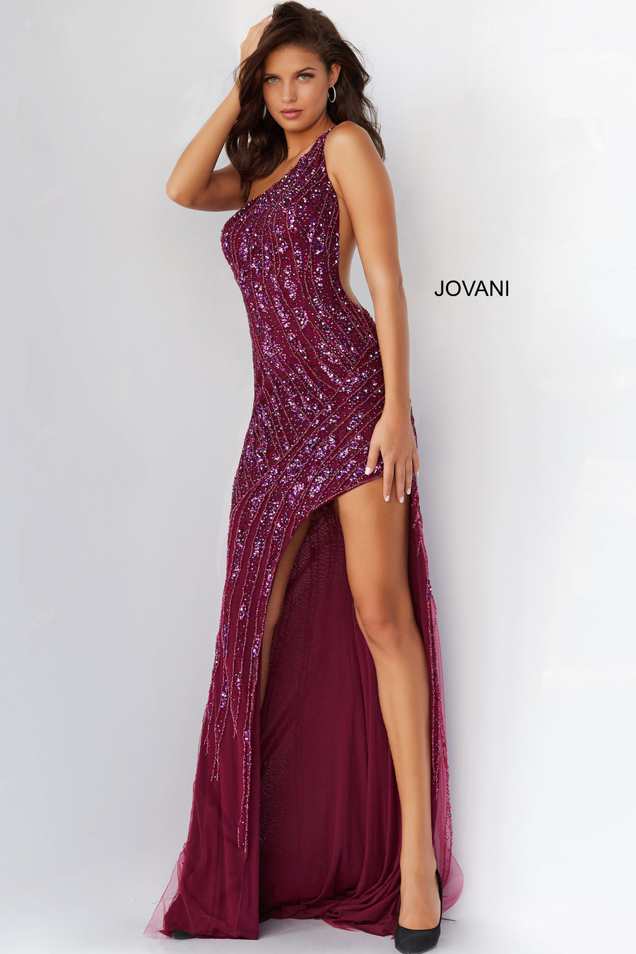 Jovani 06346 One Shoulder Beaded Long Prom Dress