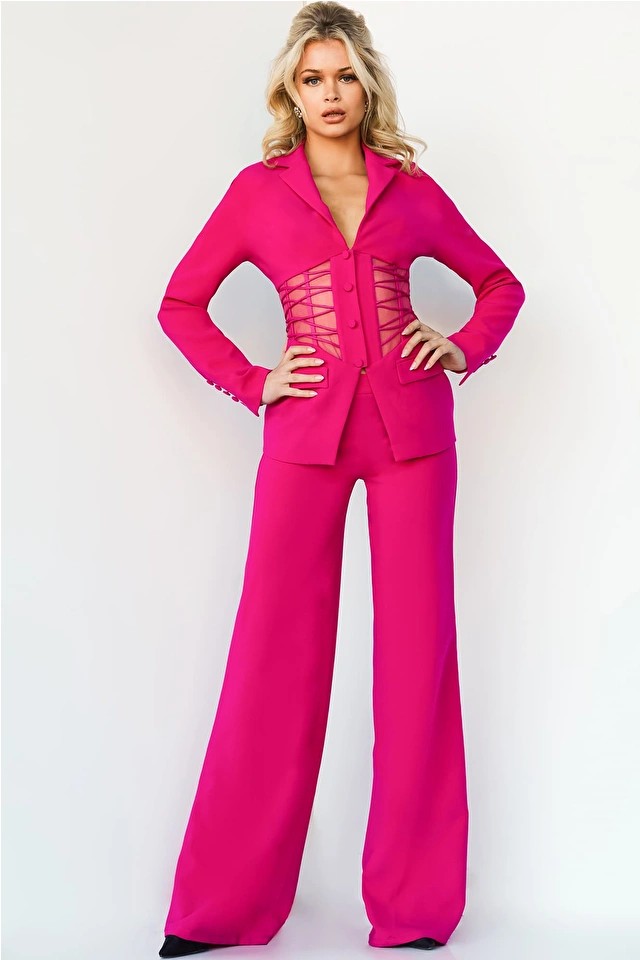 Jumpsuit 07227 Long Sleeve Two Piece Formal Pant Suit Fuchsia