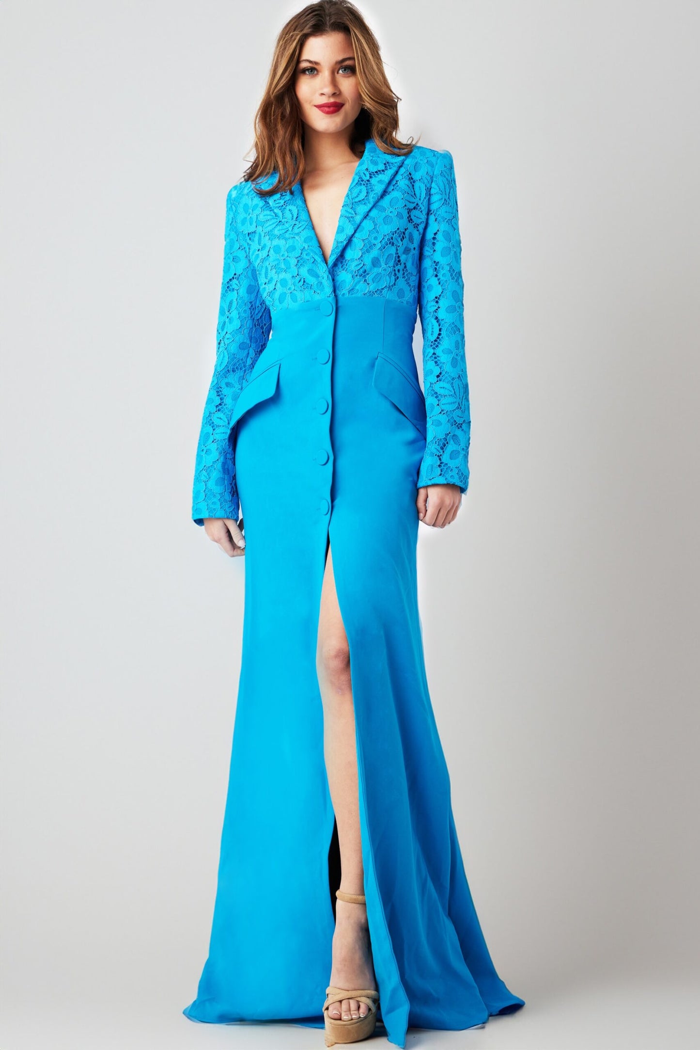 Formal Dresses Long Sleeve Formal Font Slit Evening Dress Peacock