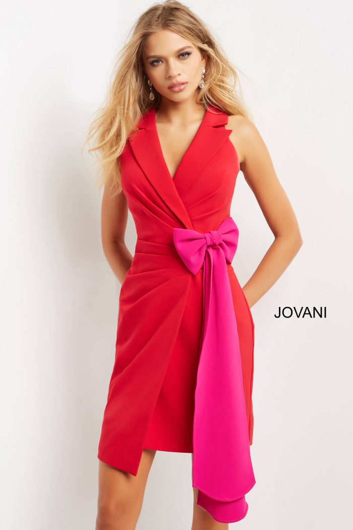 Cocktail Dresses Short Pleated V Neck Cocktail Dress Red/Fuchsia