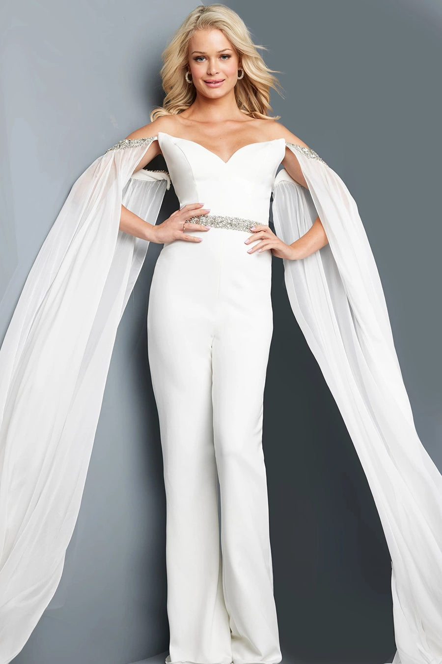 Jumpsuit Long Formal Cape Sleeve Prom Jumpsuit White