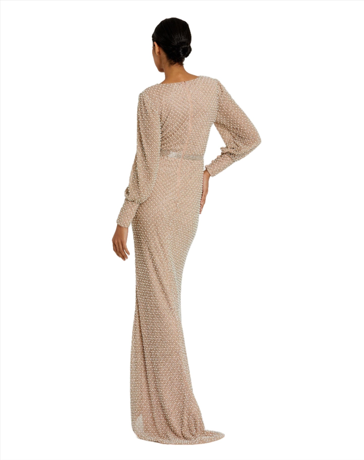 Formal Dresses Long Sleeve Pearl Beaded Formal Prom Dress Ivory Nude