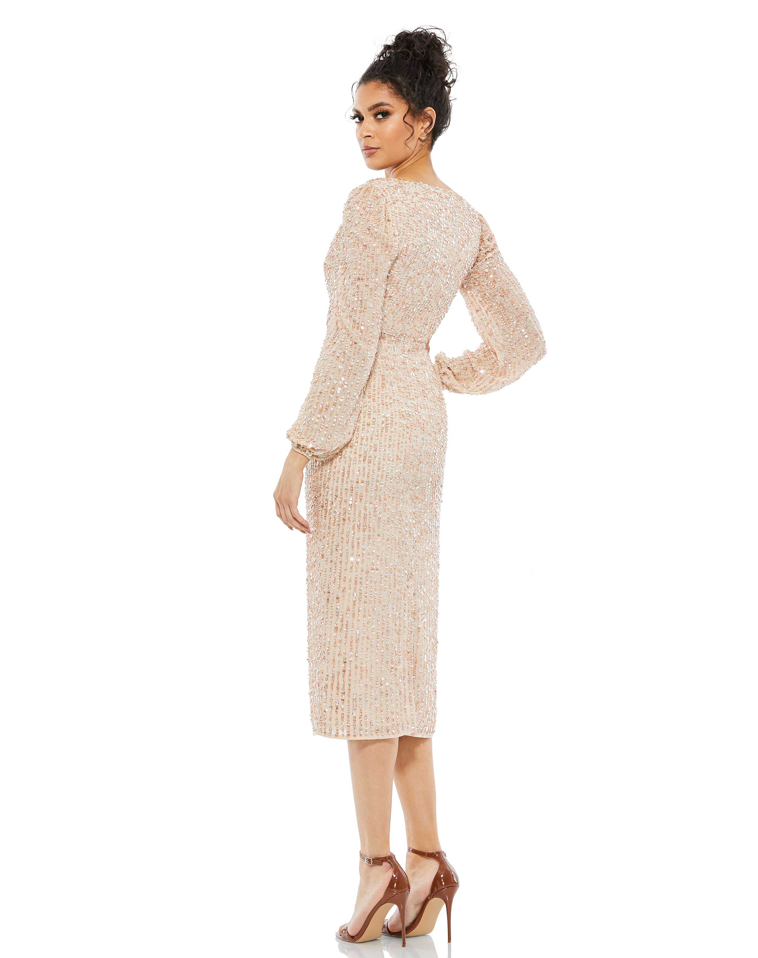 Cocktail Dresses Cocktail Long Sleeve Sequin Midi Dress Nude