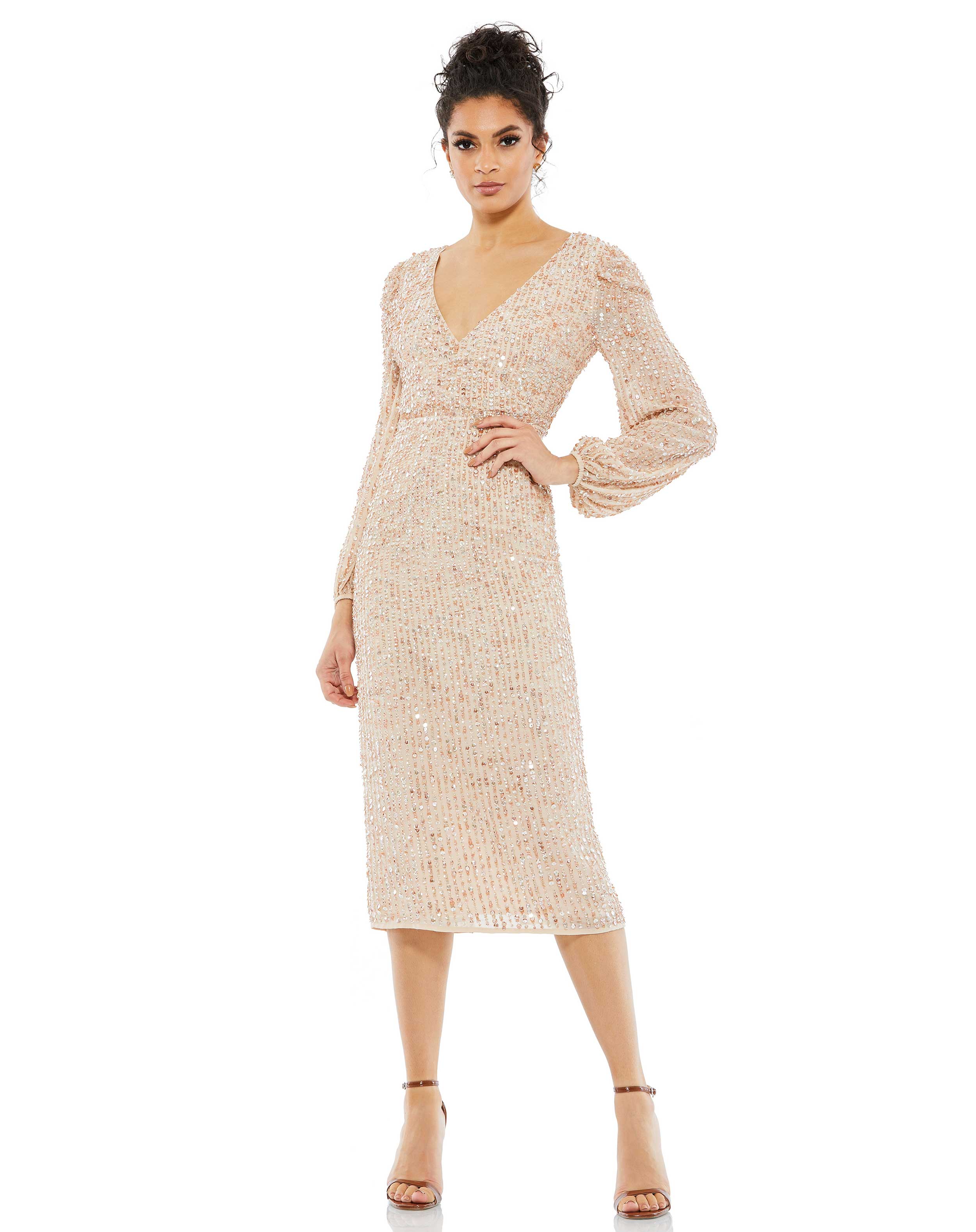 Cocktail Dresses Cocktail Long Sleeve Sequin Midi Dress Nude