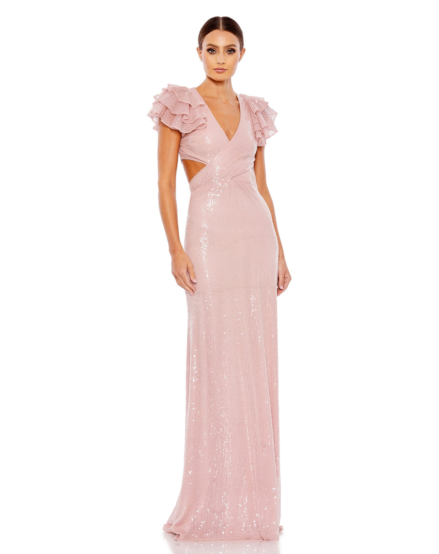 A woman wearing a pink sequin gown with ruffled sleeves, the Mac Duggal 10829 Long Ruffle Sleeve Formal Dress.