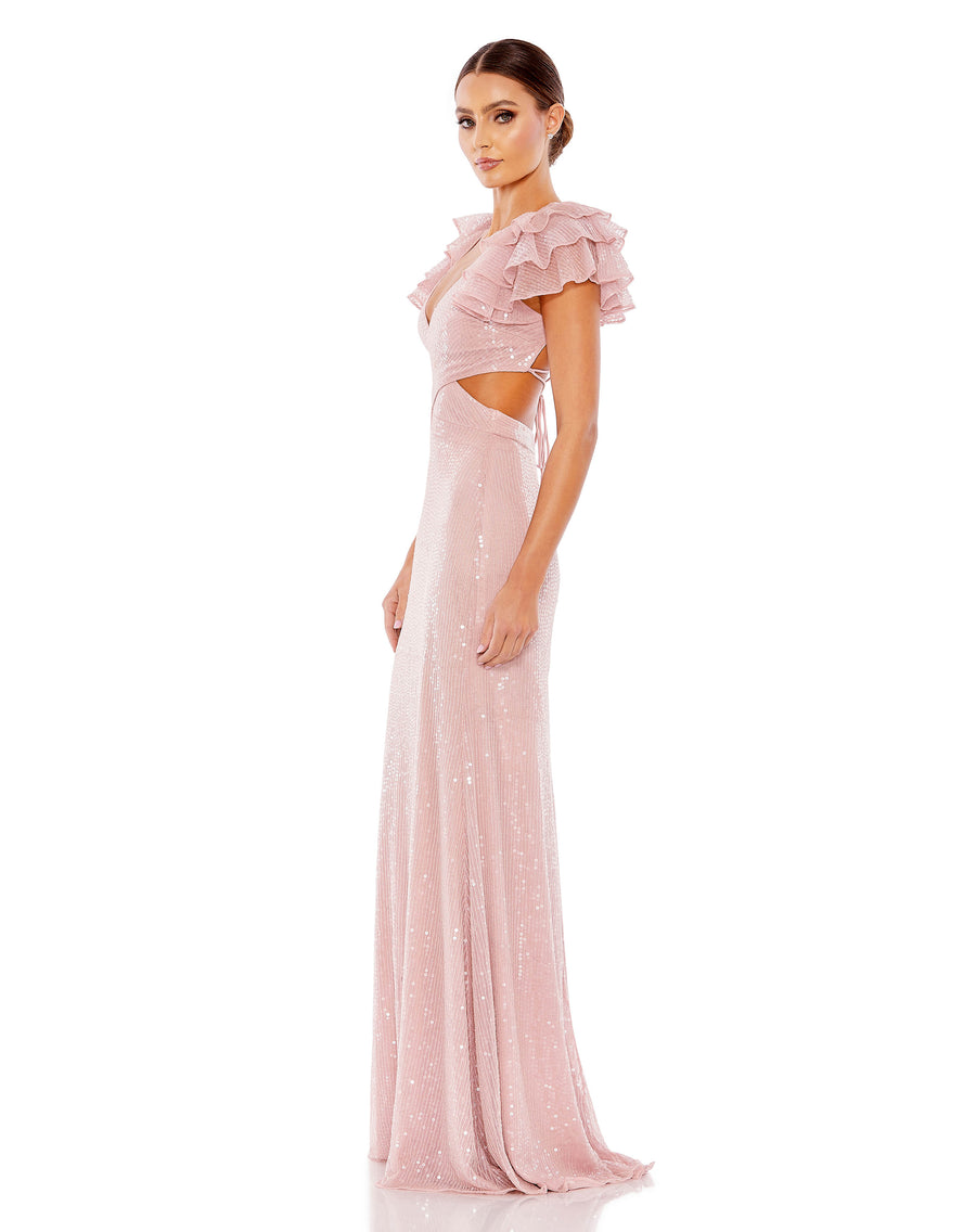 A woman wearing a Mac Duggal 10829 Long Ruffle Sleeve Formal Dress with ruffled sleeves.