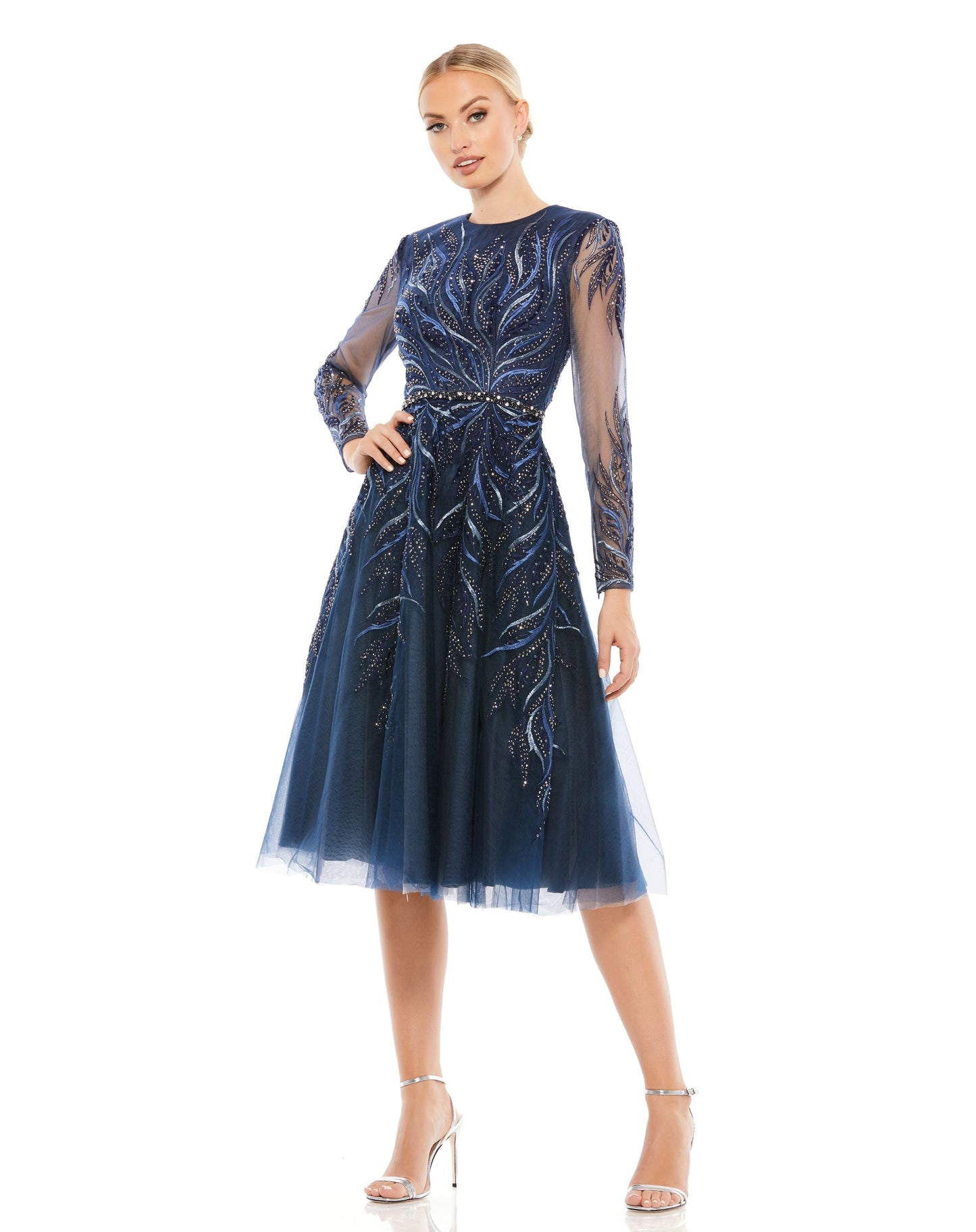 Cocktail Dresses Long Sleeve Beaded Cocktail Knee Length Dress Twilight