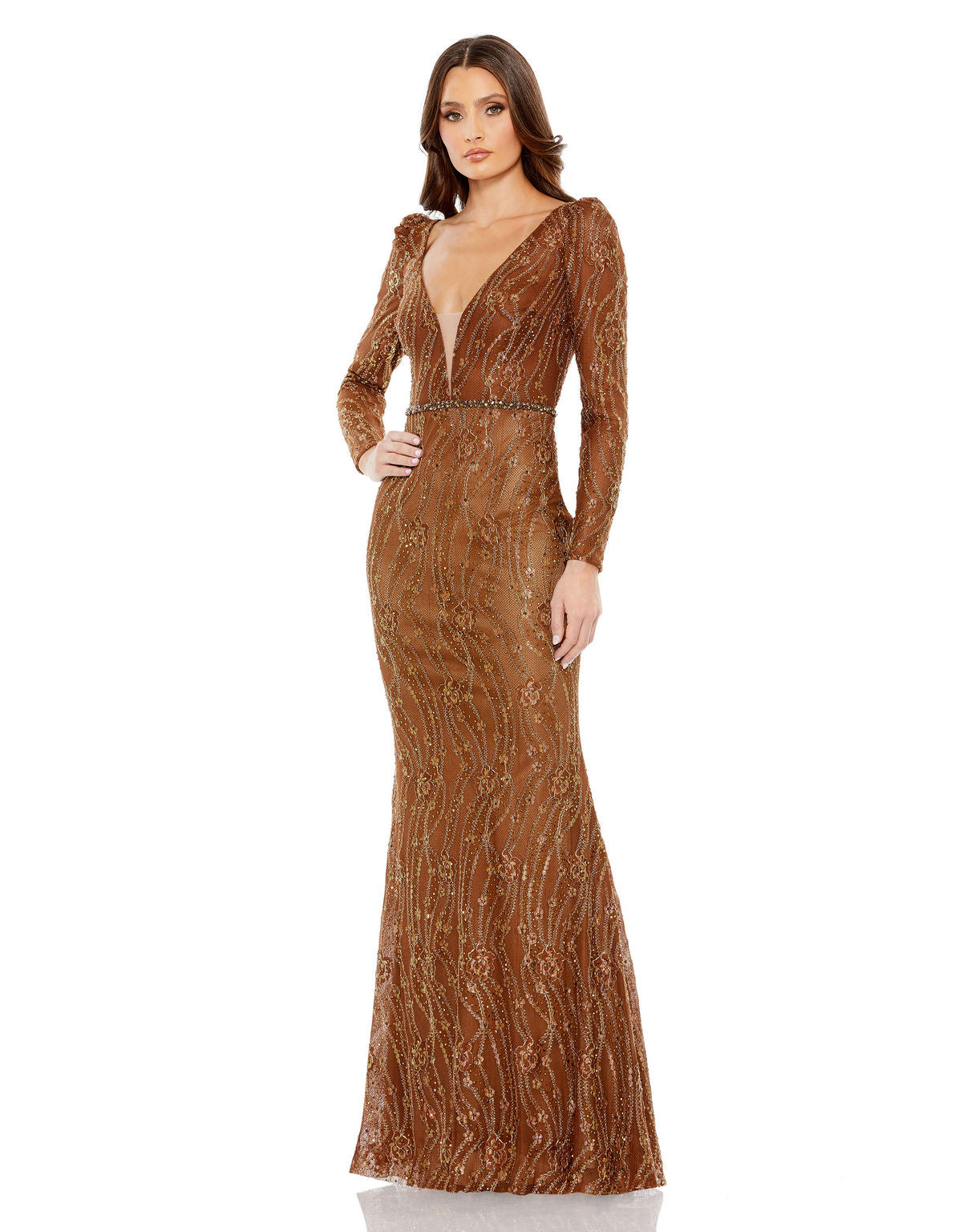 Formal Dresses Long Sleeve Fitted Beaded Formal Prom Dress Bronze