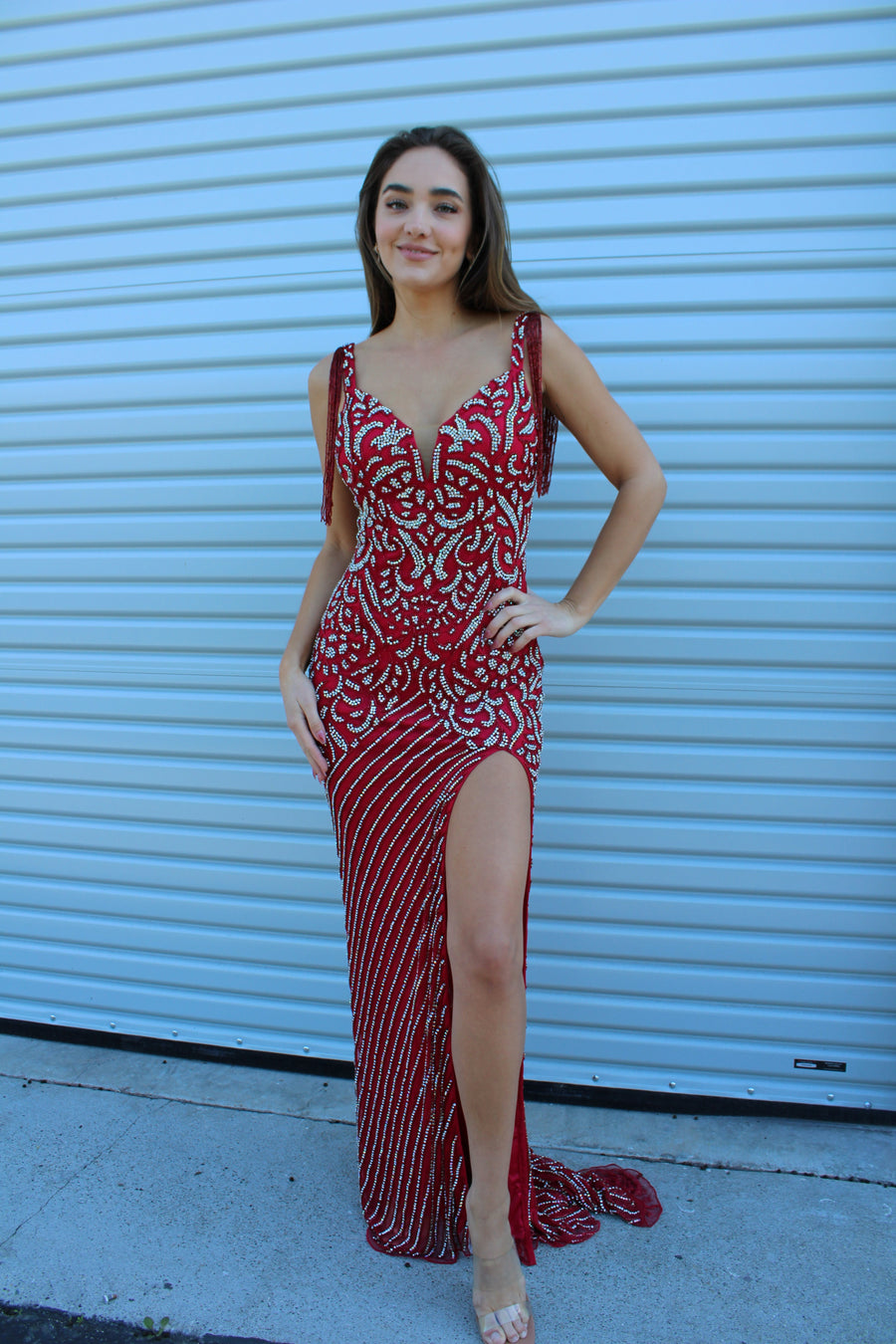 Prom Dresses Formal Long Beaded High Slit Prom Dress Red