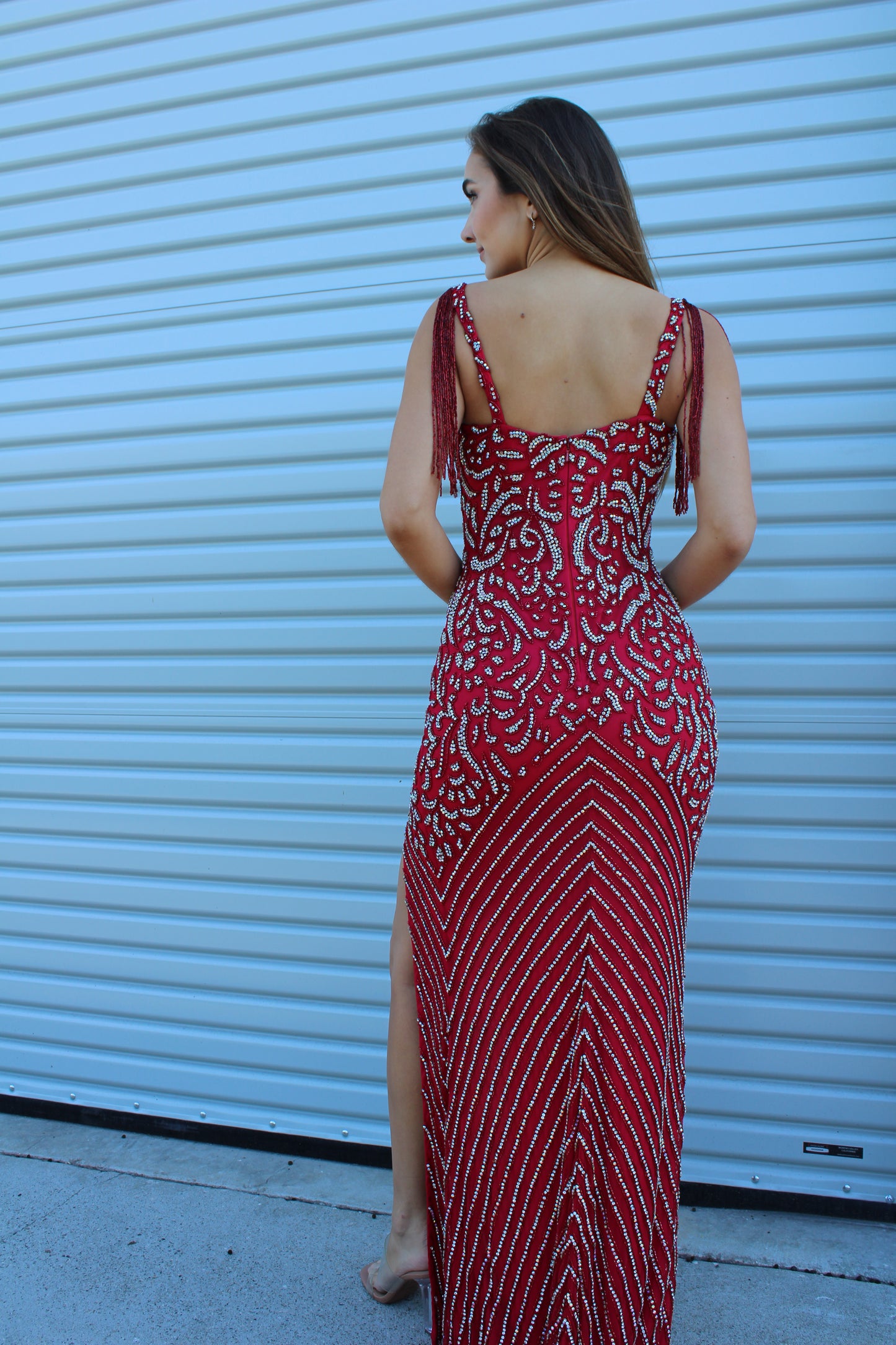 Prom Dresses Formal Long Beaded High Slit Prom Dress Red