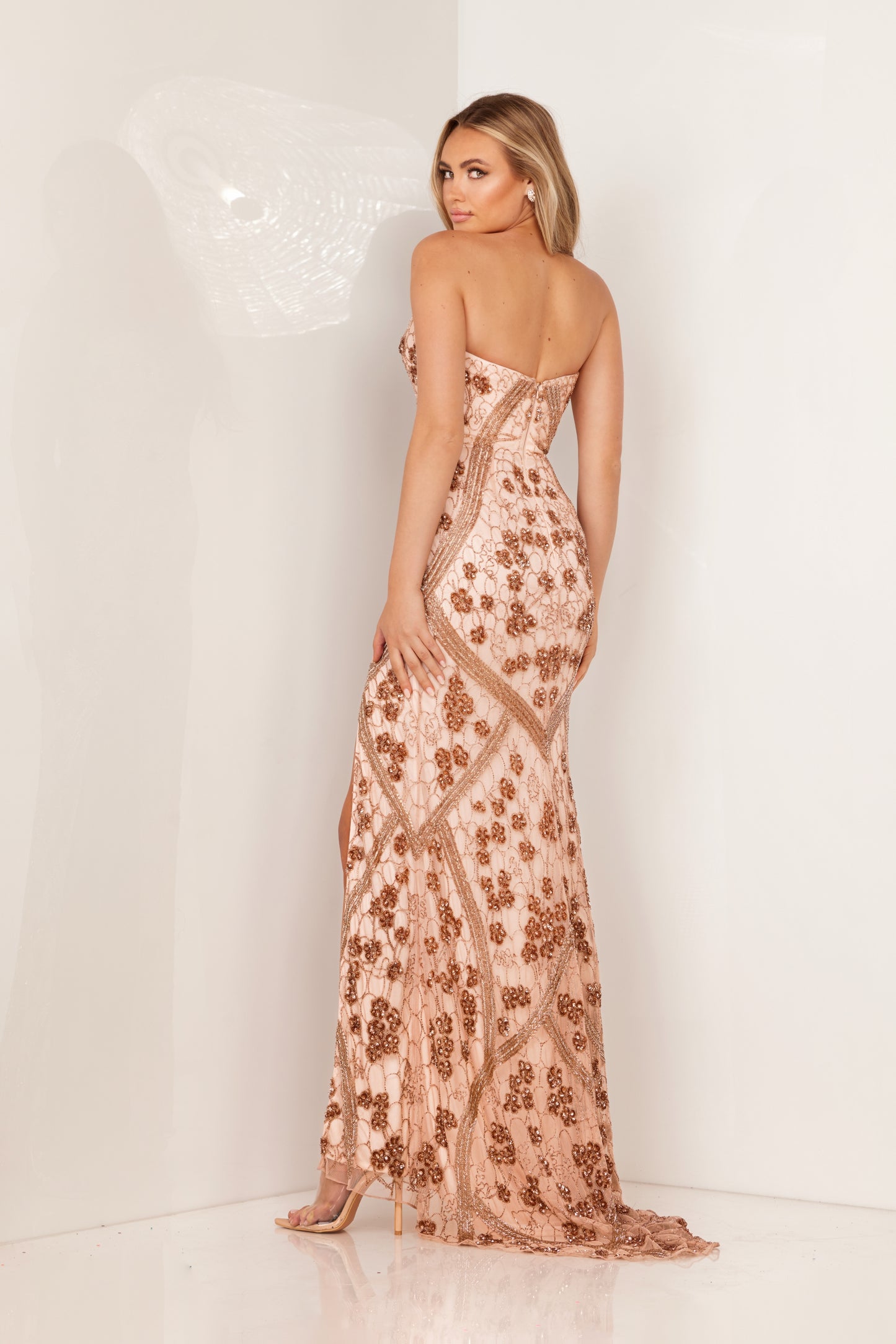 Prom Dresses Long Slit Formal Prom Beaded Dress Rose Gold