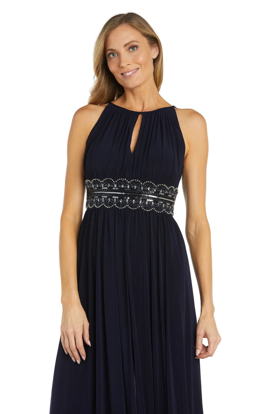 Formal Dresses Long Formal Beaded Waist Dress Navy