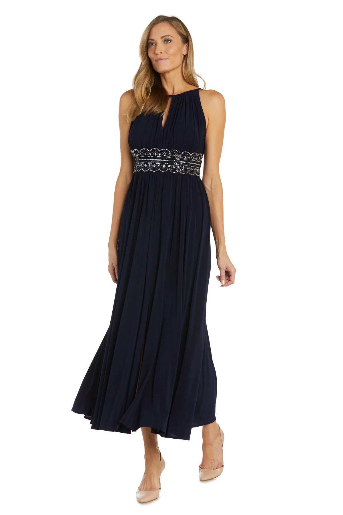 Formal Dresses Long Formal Beaded Waist Dress Navy