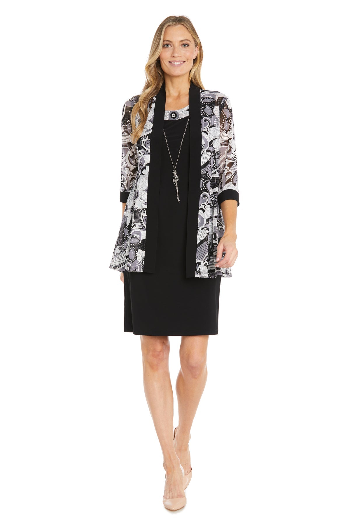 Mother of the Bride Dresses Fitted Short Print Jacket Mother of the Bride Dress   Black/Grey