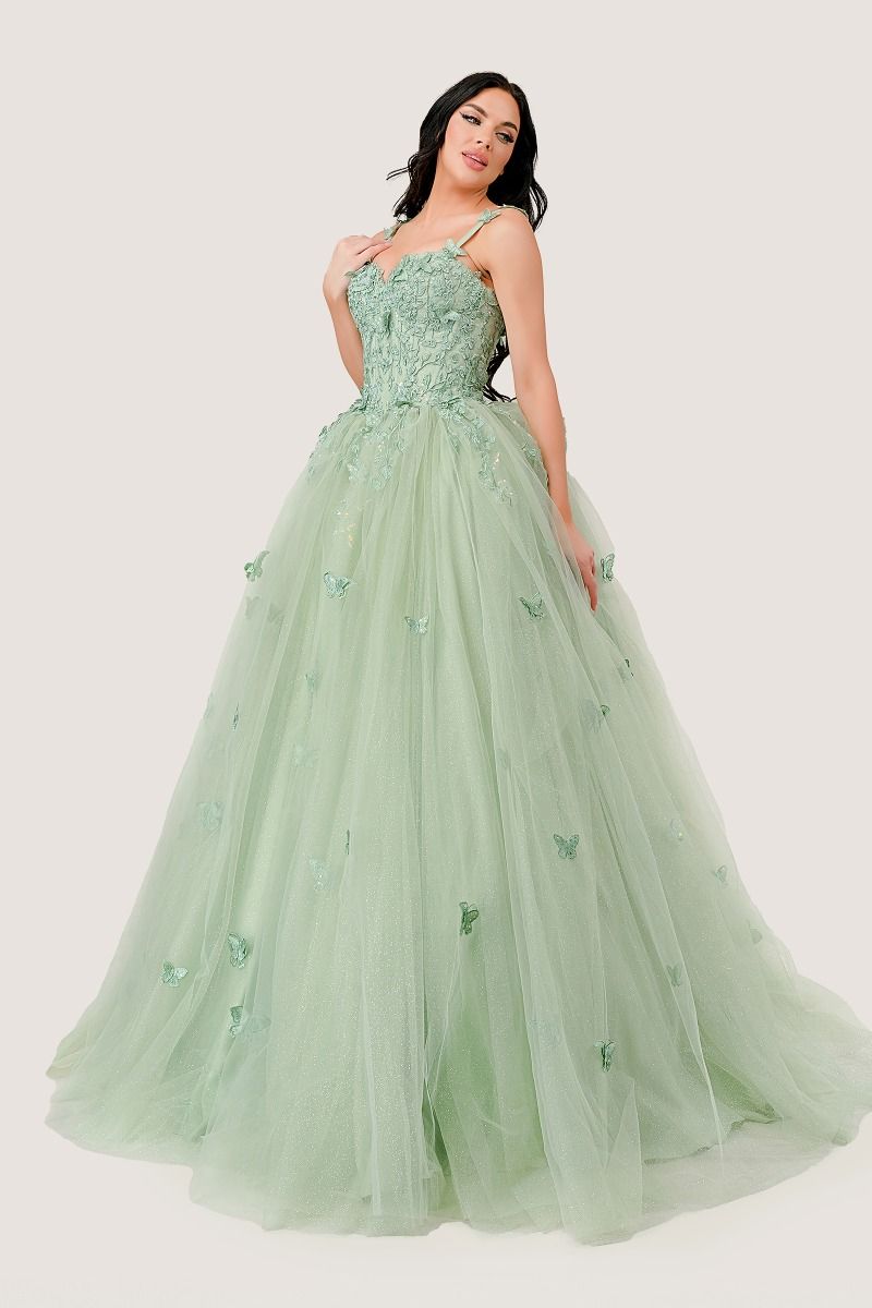 Quinceanera Dresses Long Layered 3D Butterfly Quinceanera Ball Gown Sage