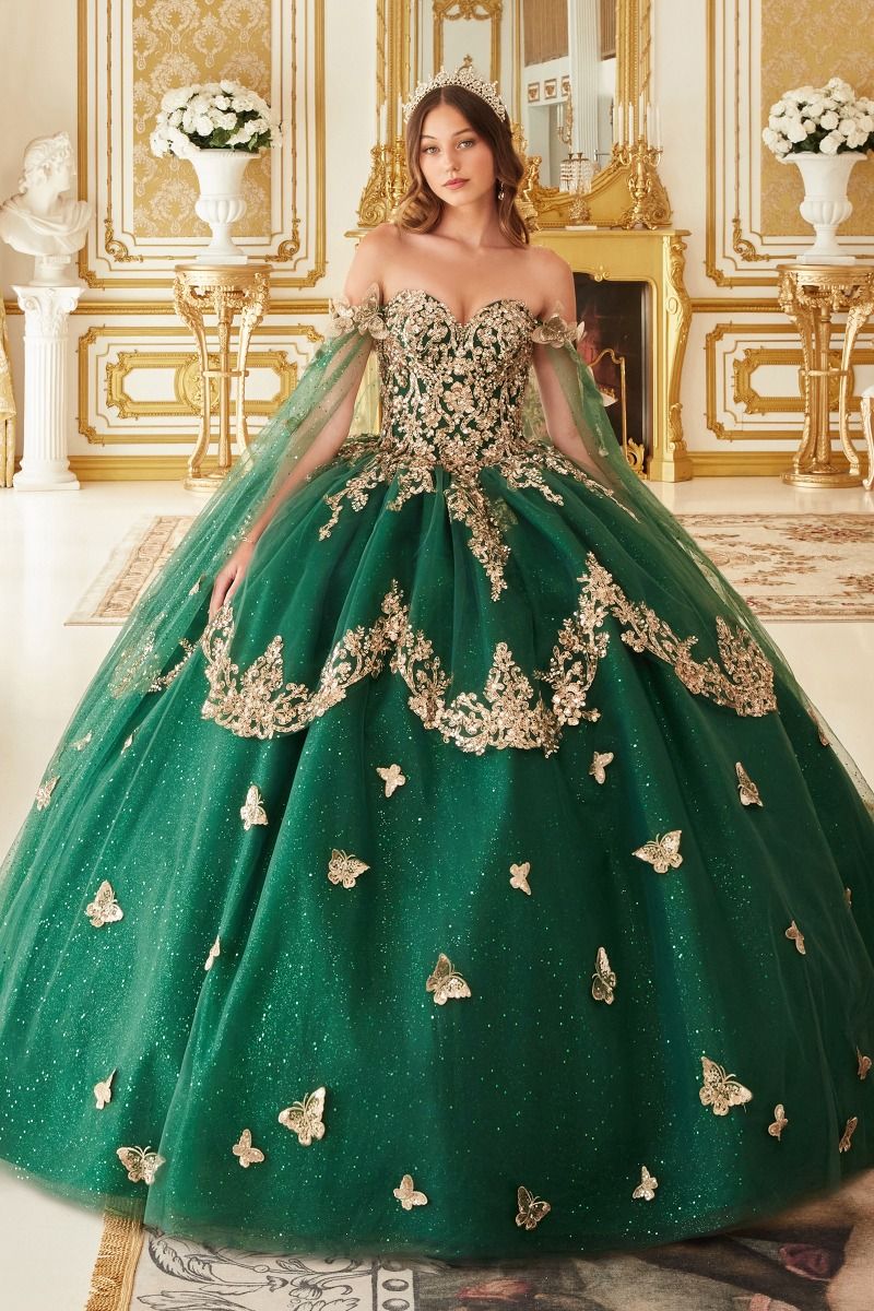 Quinceanera Dresses Long Layered Quinceanera Cape Ball Gown Emerald