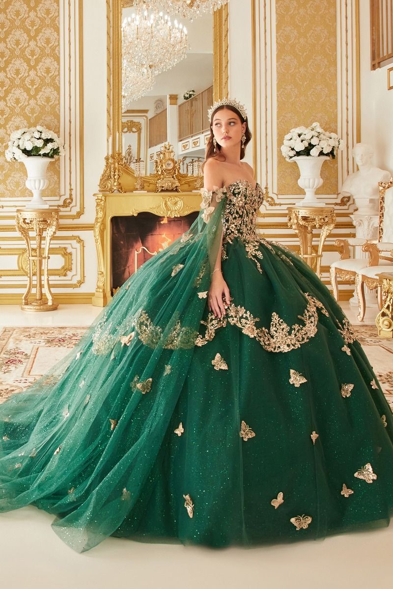 Quinceanera Dresses Long Layered Quinceanera Cape Ball Gown Emerald