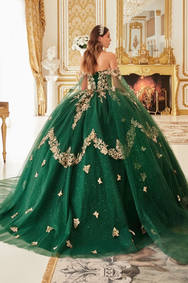 Quinceanera Dresses Long Layered Quinceanera Cape Ball Gown Emerald