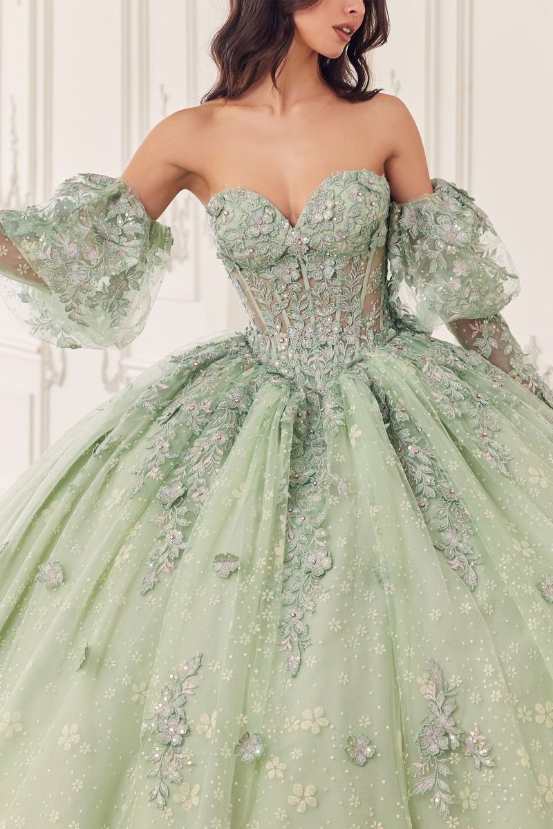 Quinceanera Dresses Long Quinceanera Detachable Sleeve Ball Gown Sage