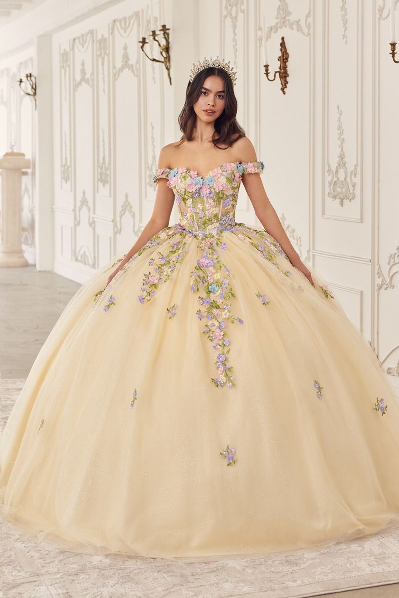 Quinceanera Dresses Long Quinceanera Floral Capelet Ball Gown Champagne