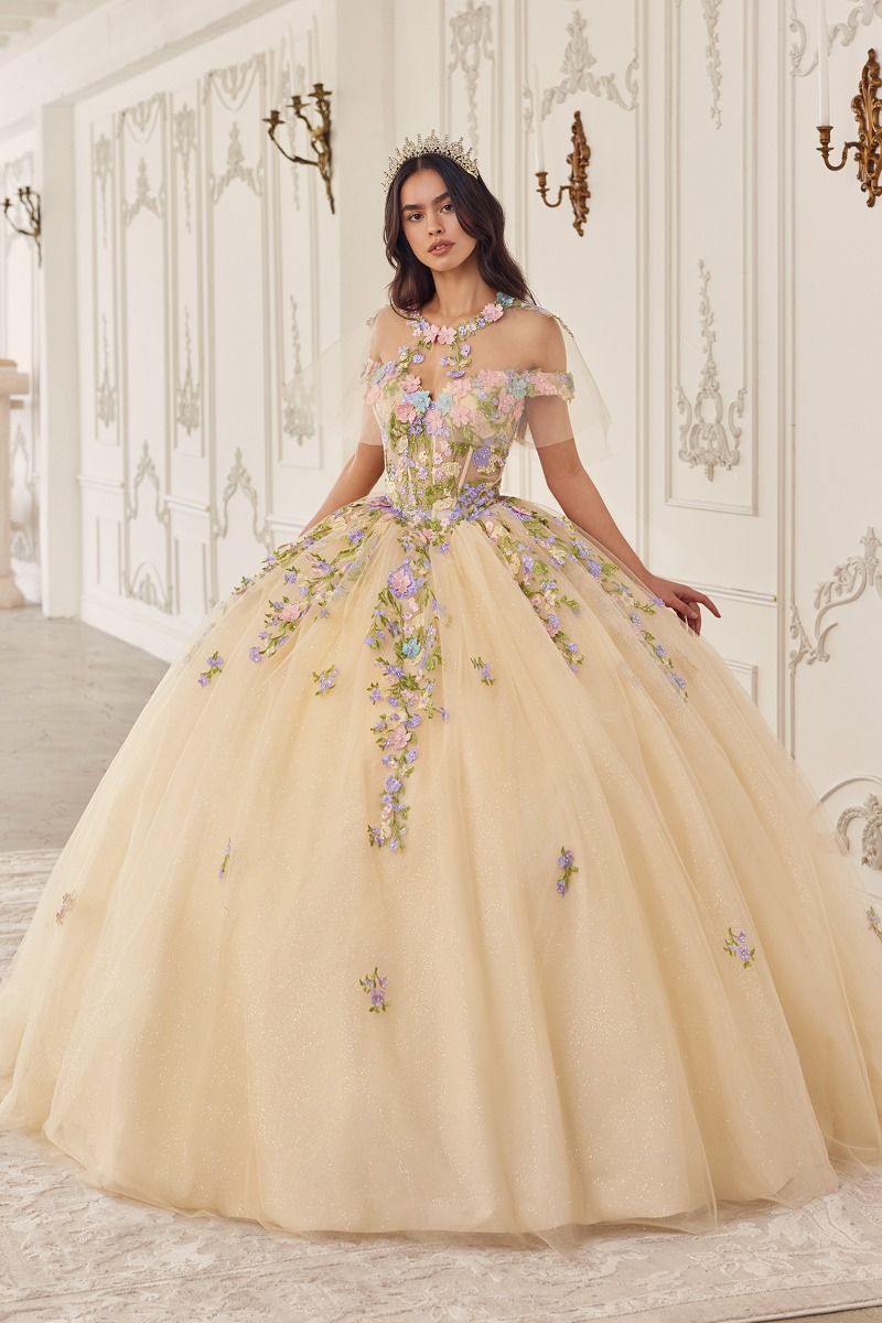 Quinceanera Dresses Long Quinceanera Floral Capelet Ball Gown Champagne