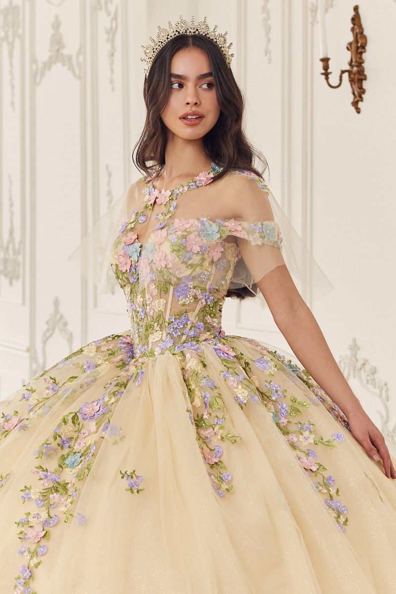 Quinceanera Dresses Long Quinceanera Floral Capelet Ball Gown Champagne