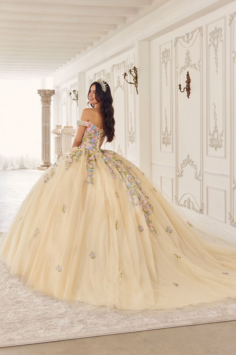 Quinceanera Dresses Long Quinceanera Floral Capelet Ball Gown Champagne